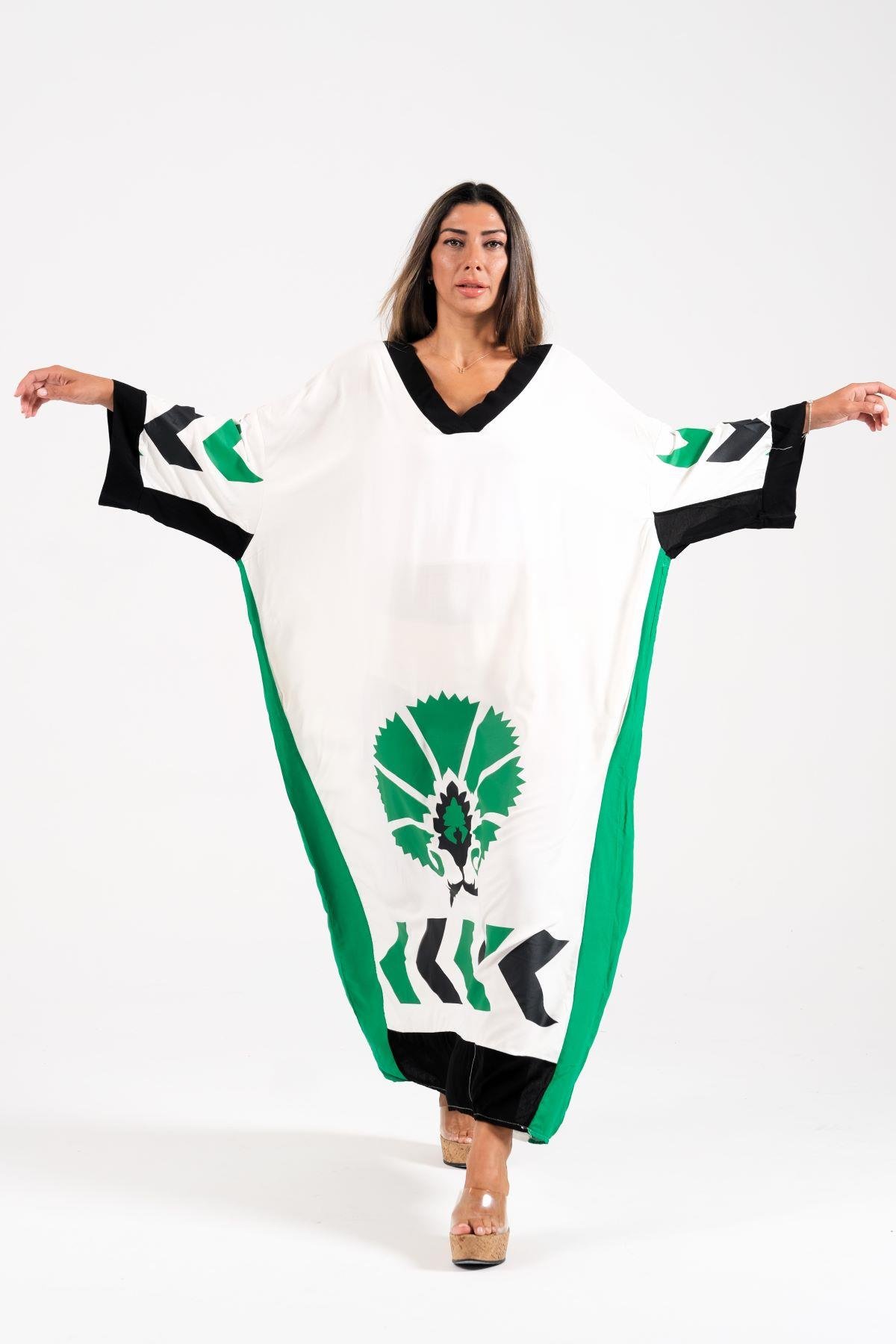 فستان طويل بأكمام طويلة على شكل خفاش أبيض برقبة على شكل حرف V مع جيوب