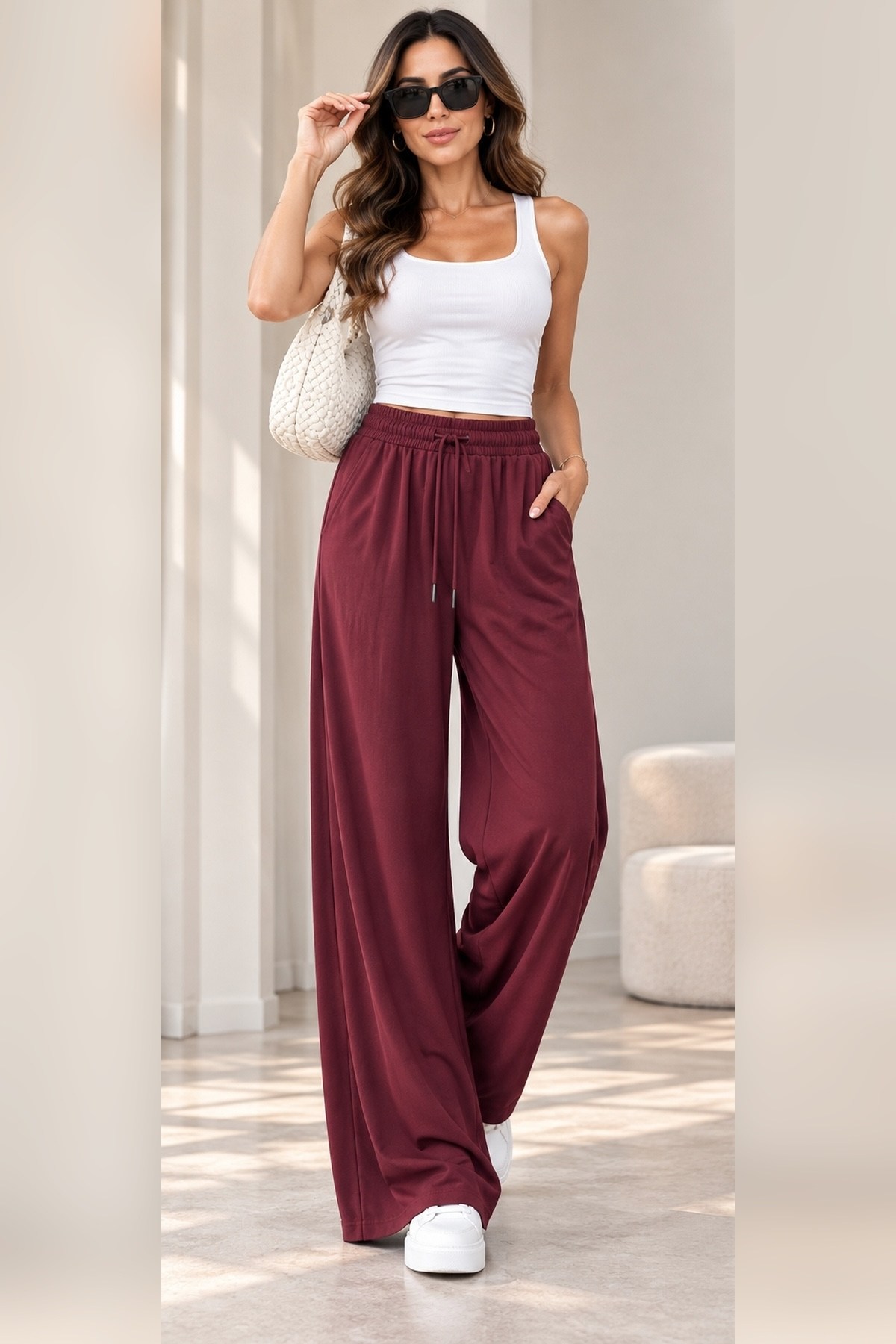 Bordo Beli Lastikli Palazzo Pantolon