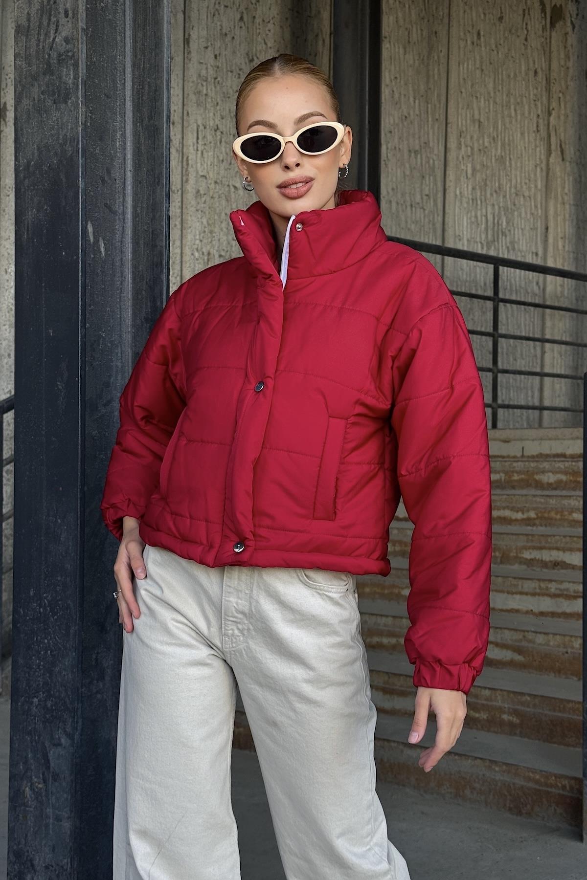 معطف قصير قابل للنفخ بياقة قصيرة بياقة الوقوف باللون العنابي مع سحاب بقفل كبسولة