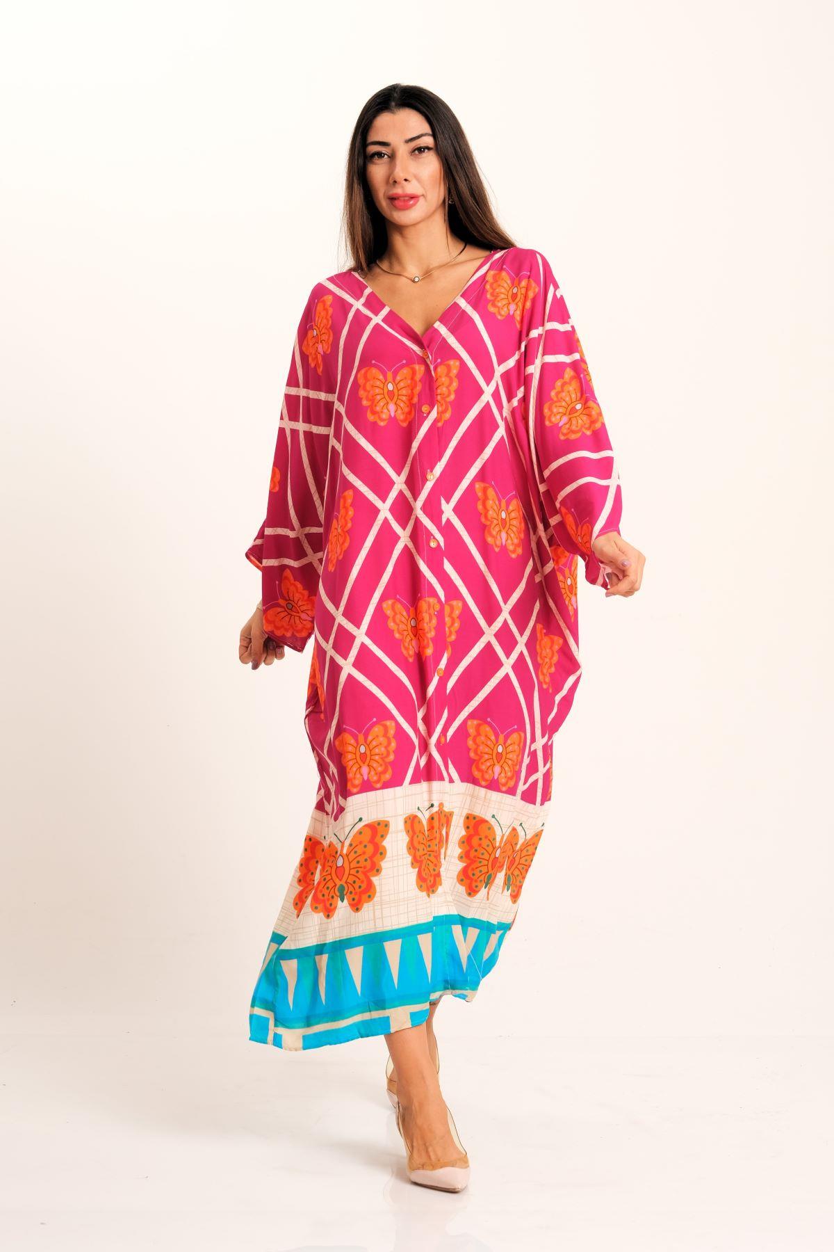 فستان طويل بياقة مقلوبة على شكل فراشة فوشيا بياقة على شكل حرف V مع جيوب بأكمام خفاش