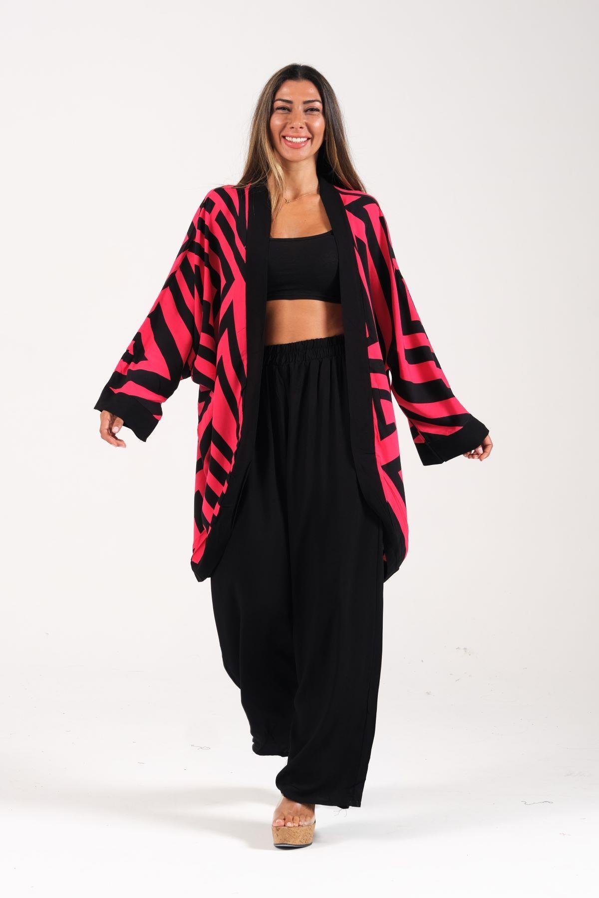 Fuşya Siyah Desenli Cepli Gömlek Pantolon İkili Takım