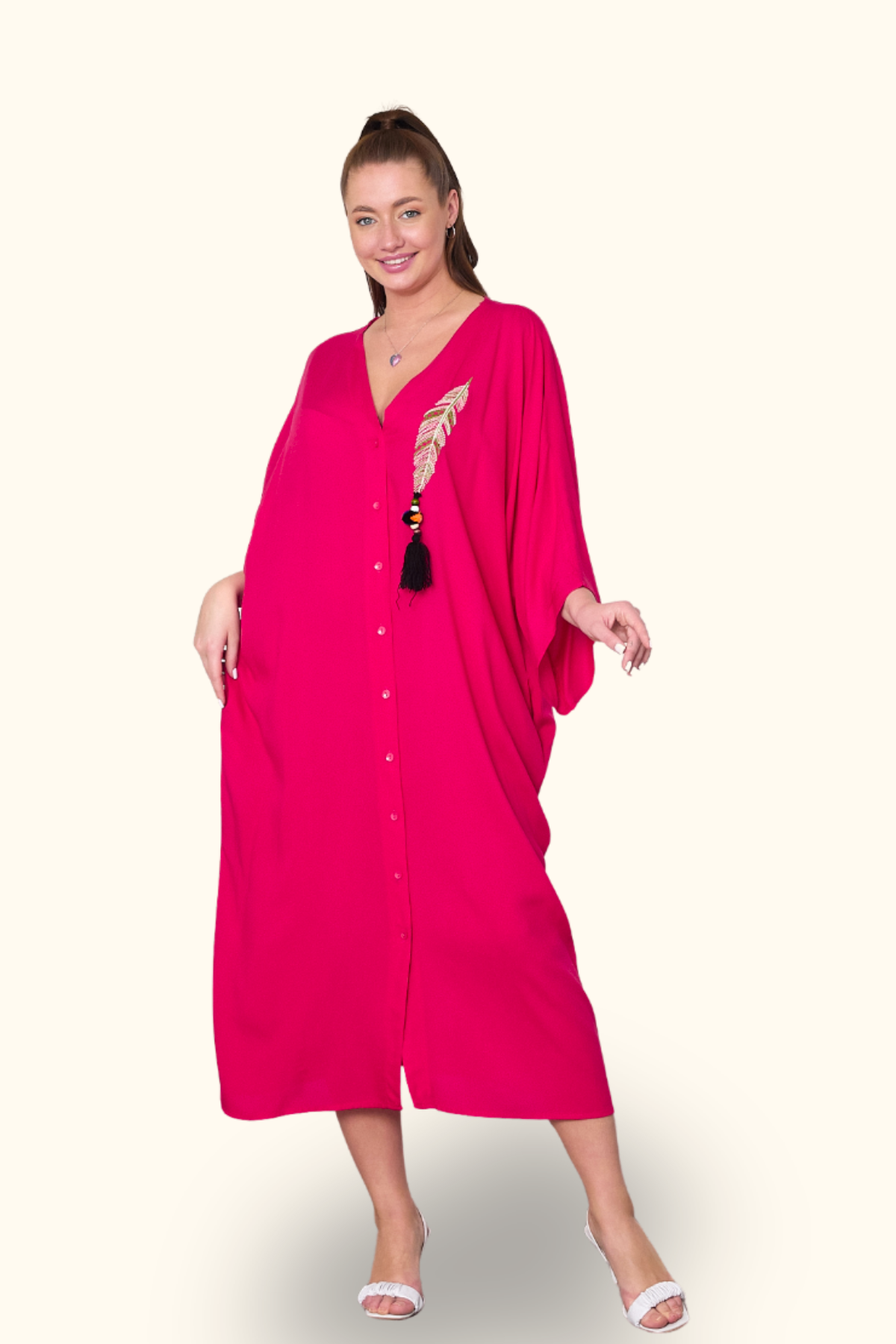 Fuşya V Yaka Tüy Nakışlı Boncuklu Cepli Oversize Uzun Elbise