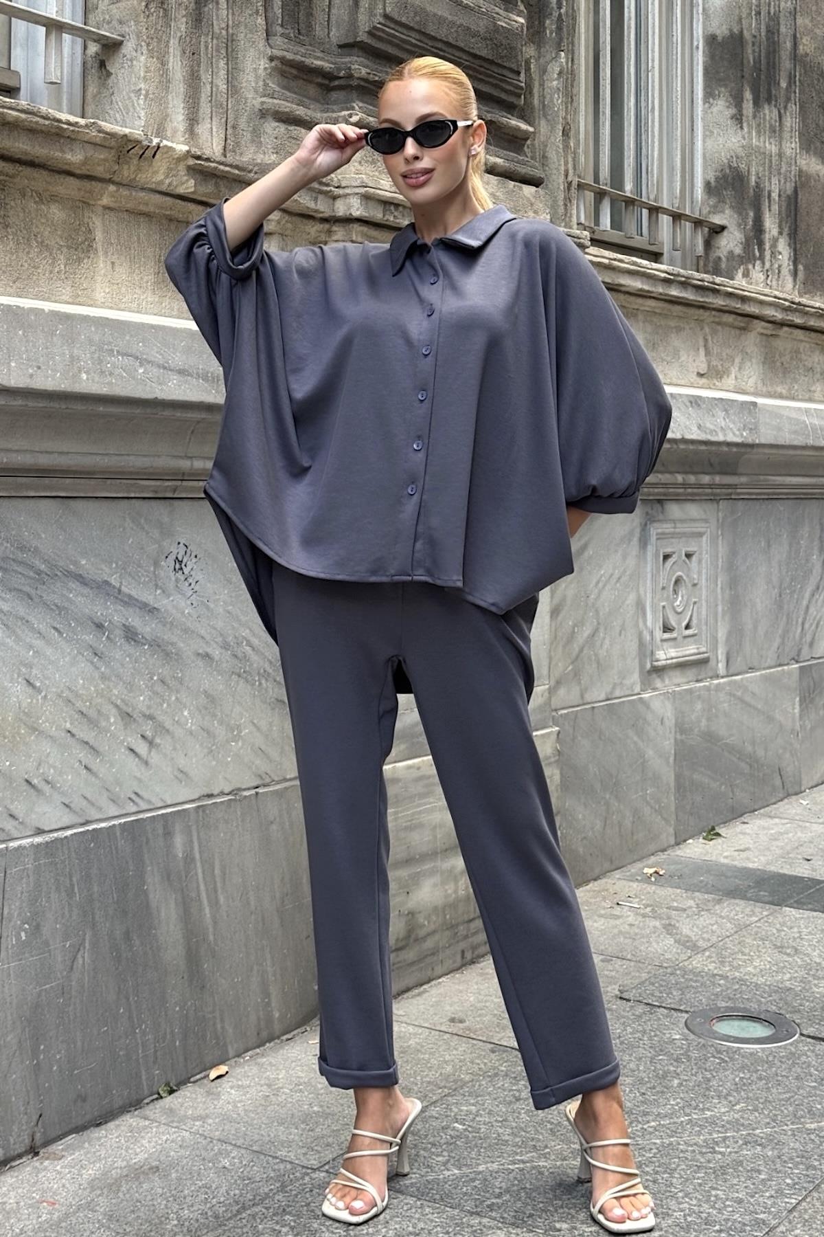 Gri Gömlek Yaka Beli Lastikli Oysho Kumaş İkili Takım