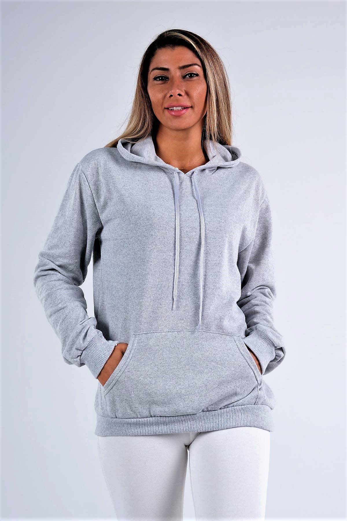 Gri Kapüşonlu Kanguru Cepli Şardonlu Sweatshirt