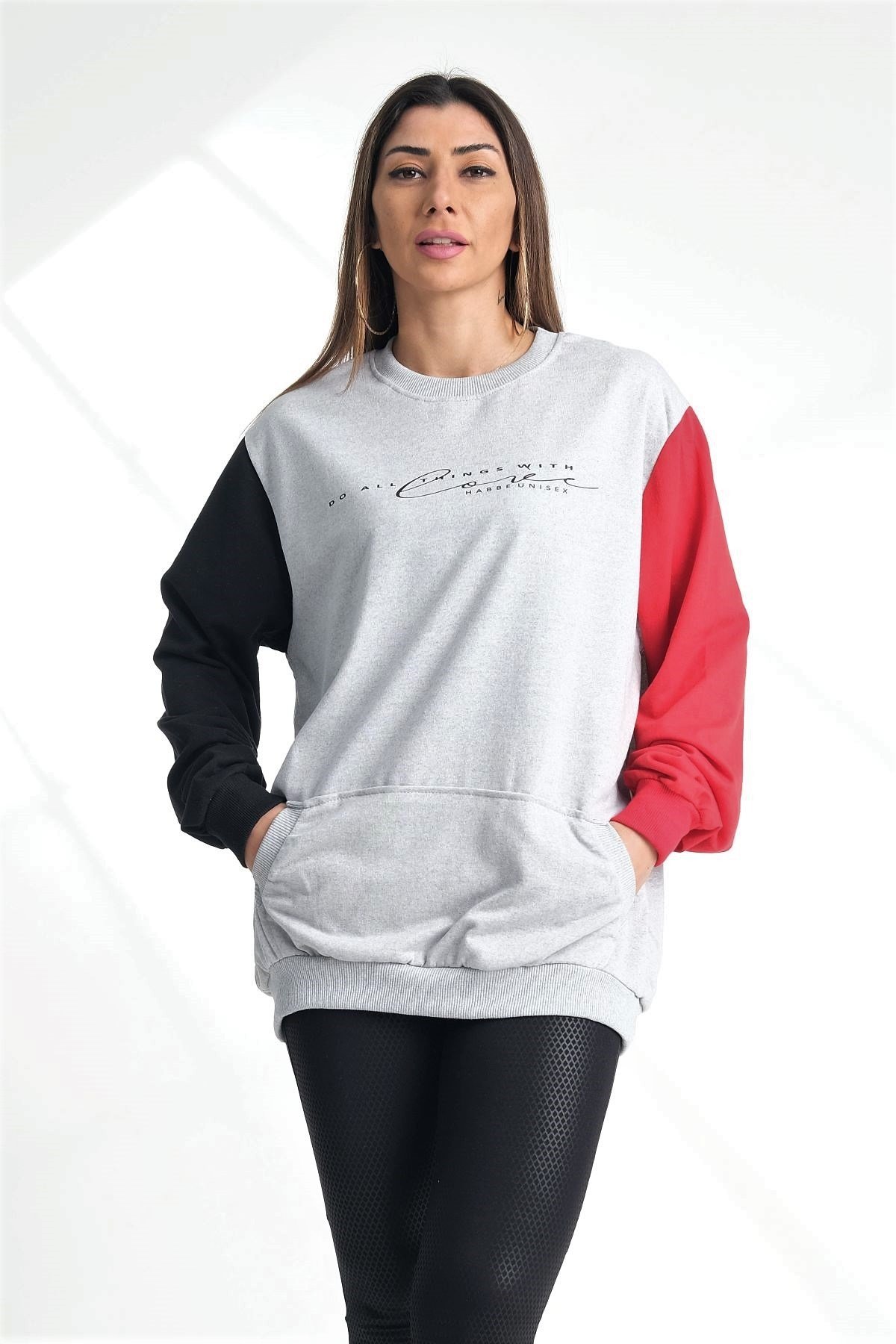 Gri Kolları Garnili Kanguru Cepli Sweatshirt