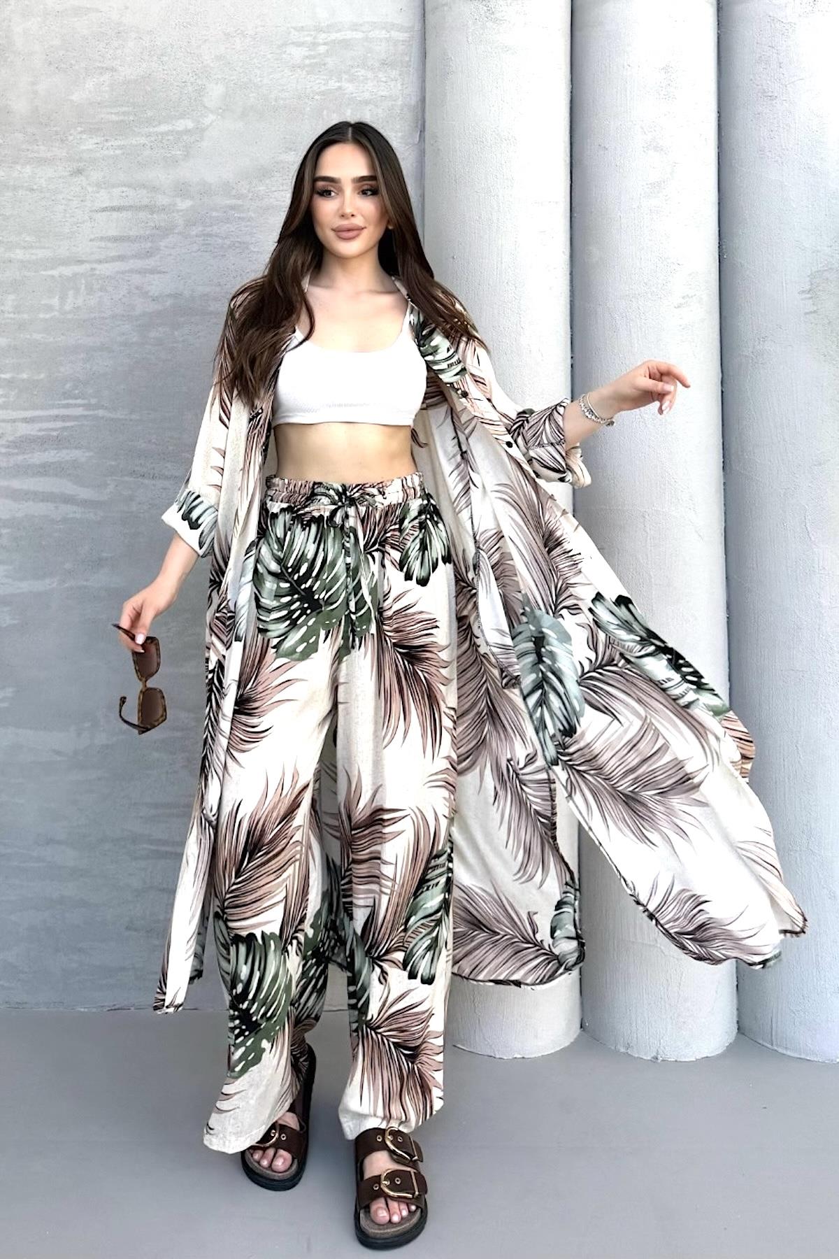 Haki Desenli Cepli Beli Lastikli Gömlek Pantolon Kaftan Takım