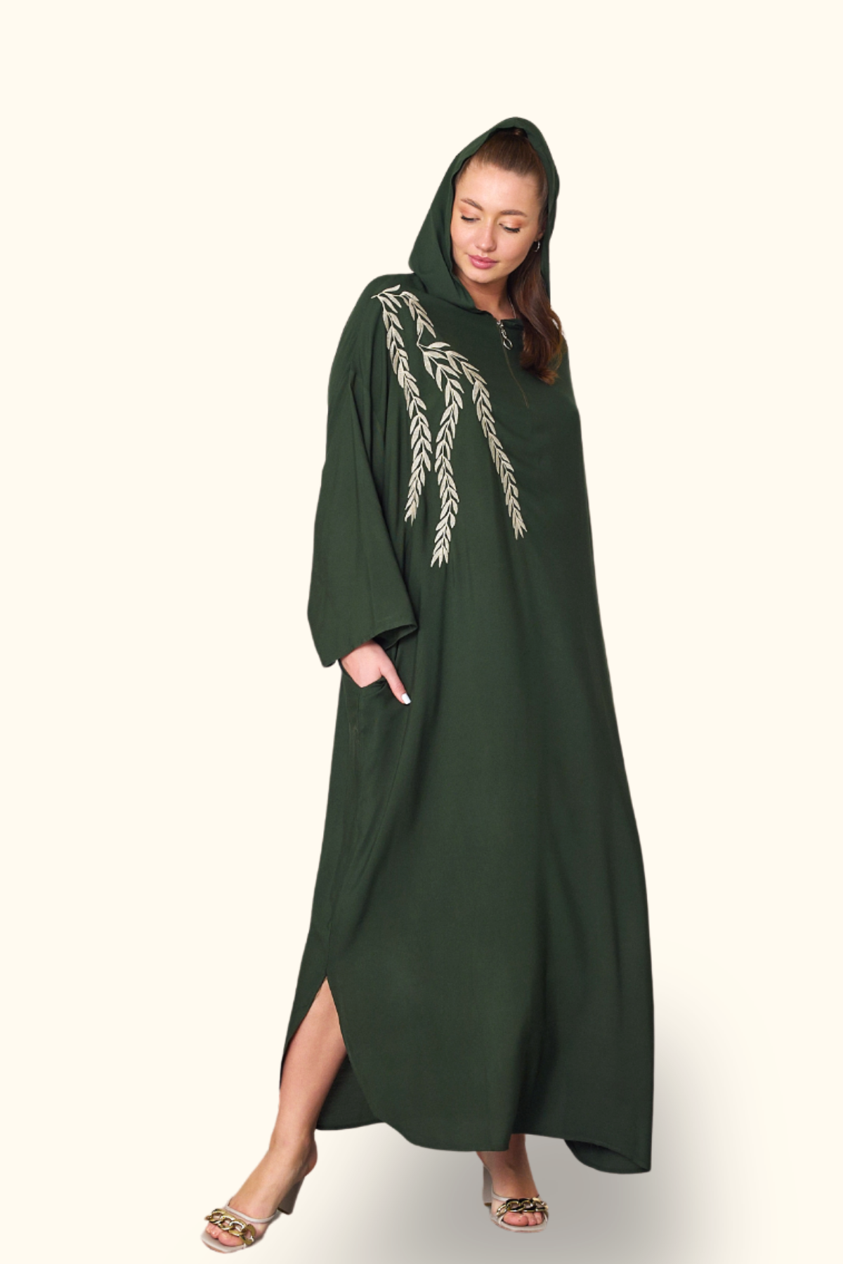 Haki Kapüşonlu Nakışlı Cepli Oversize Uzun Elbise