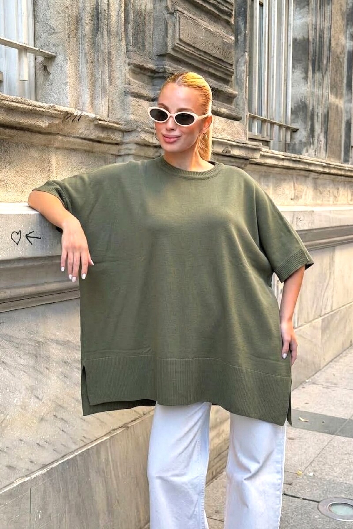 Haki Oversize Triko Bluz
