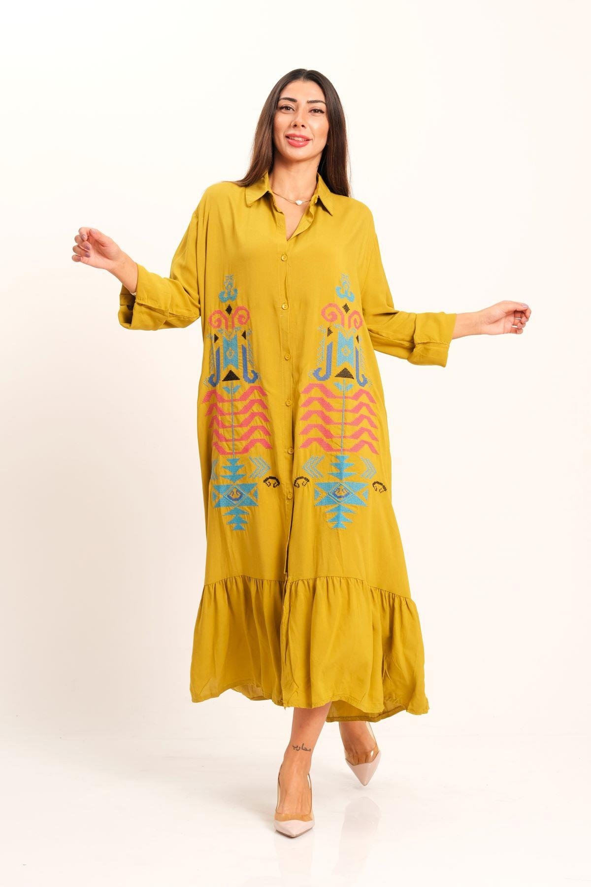 Hardal Rengi Otantik Nakışlı Kolu Apoletli Eteği Fırfırlı Uzun Gömlek Elbise