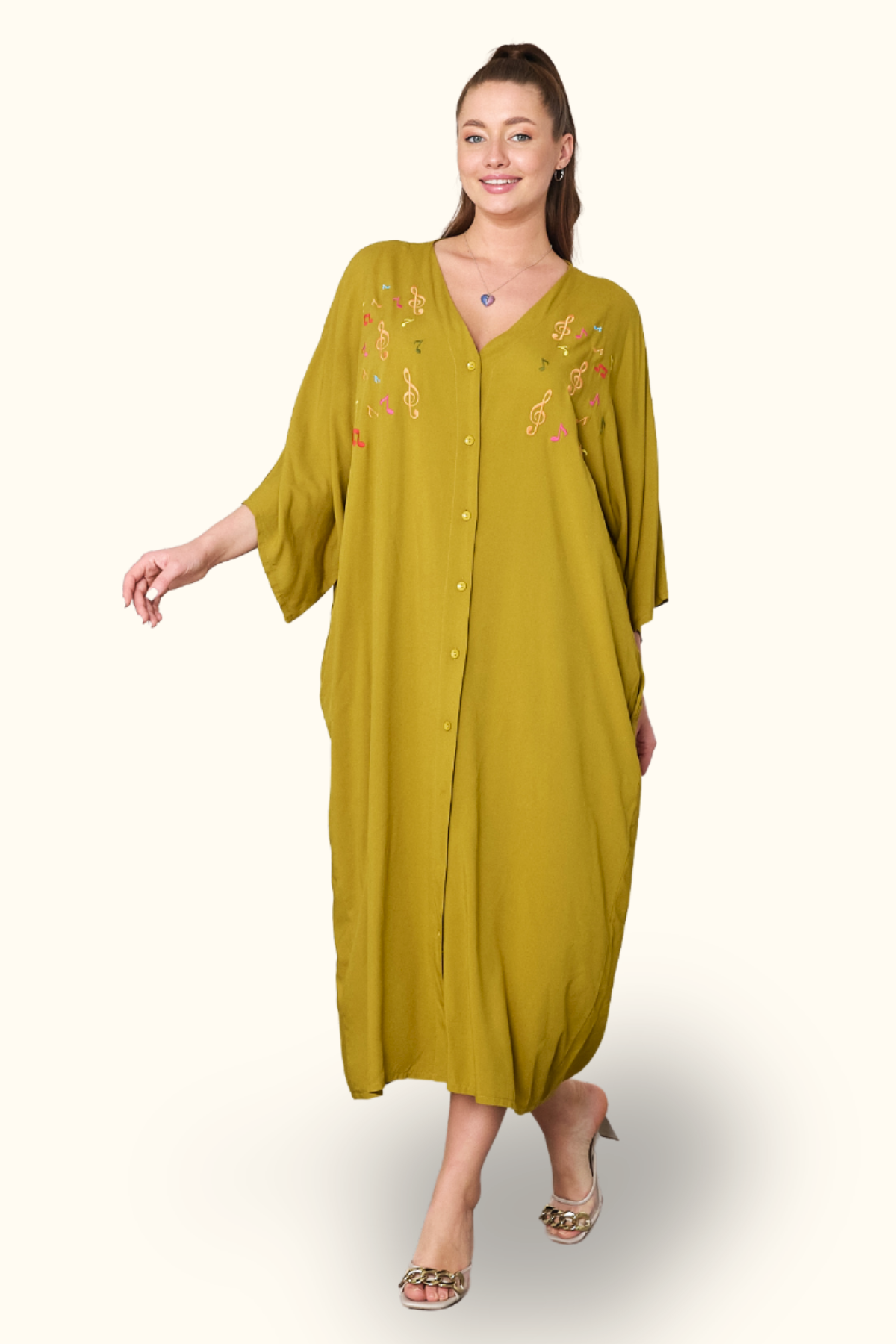 Hardal Rengi V Yaka Önü Nota Nakışlı Cepli Oversize Uzun Gömlek Elbise