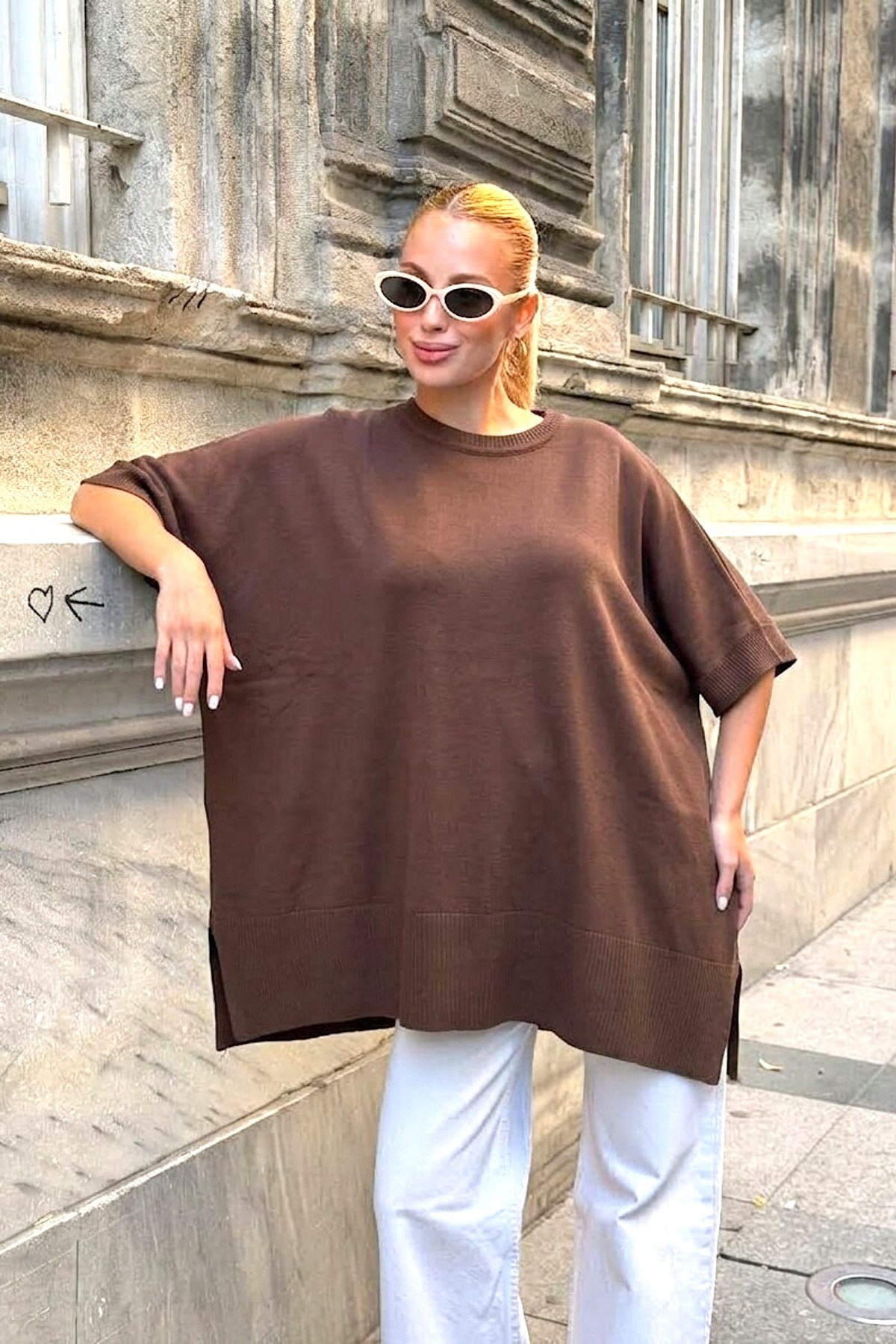 Kahverengi Oversize Triko Bluz