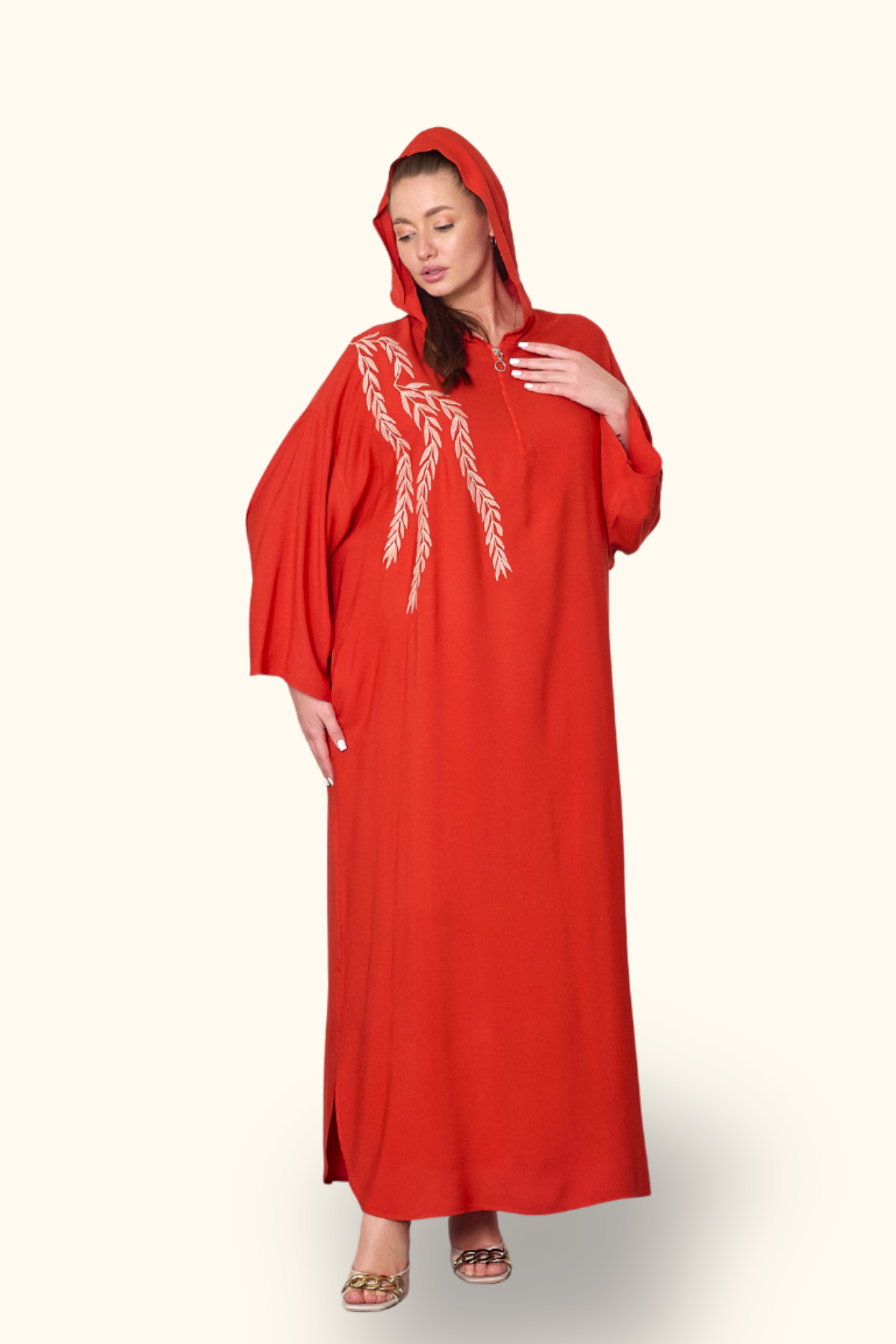 Kiremit Rengi Kapüşonlu Nakışlı Cepli Oversize Uzun Elbise