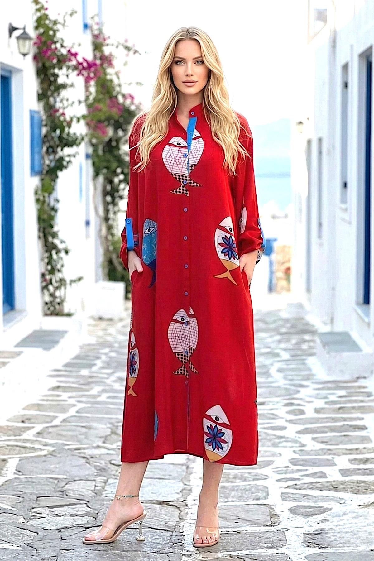 Kırmızı Balıklı Gömlek Elbise
