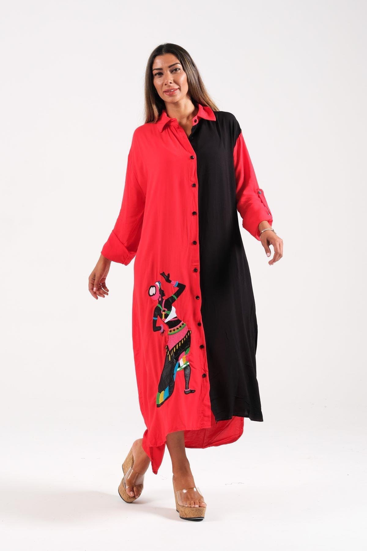 فستان طويل مزخرف باللونين الأحمر والأسود مزين بتنورة مزخرفة ومطرز بالزهور مع تطريز على شكل امرأة