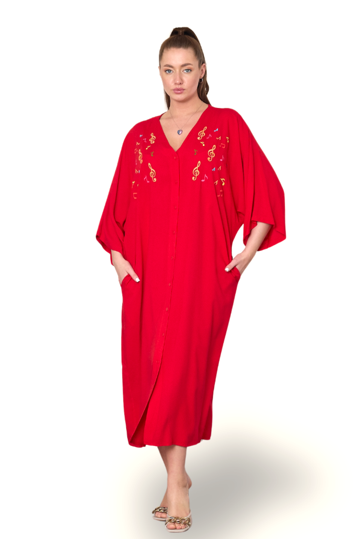 Kırmızı V Yaka Önü Nota Nakışlı Cepli Oversize Uzun Gömlek Elbise