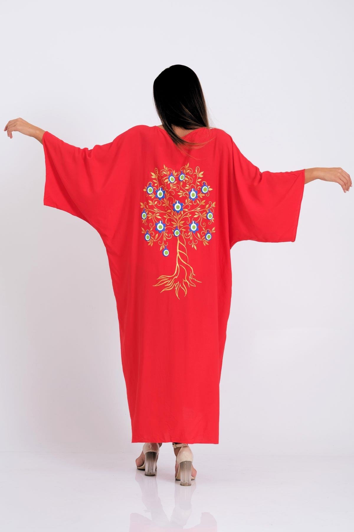 فستان طويل أحمر بياقة على شكل حرف V برقبة على شكل حرف V بياقة طويلة على شكل حرف V مع نقش مطبوع على شكل عين شريرة من الخلف وجيوب 