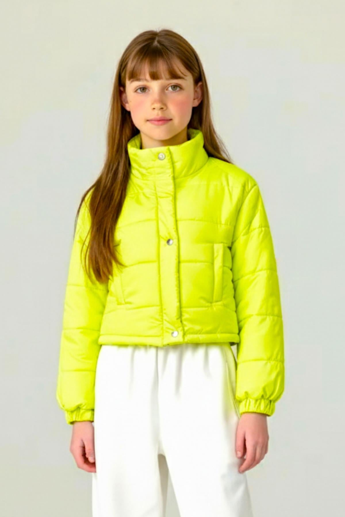 Kız Çocuk Neon Yeşil Çıtçıtlı Fermuarlı Şişme Mont