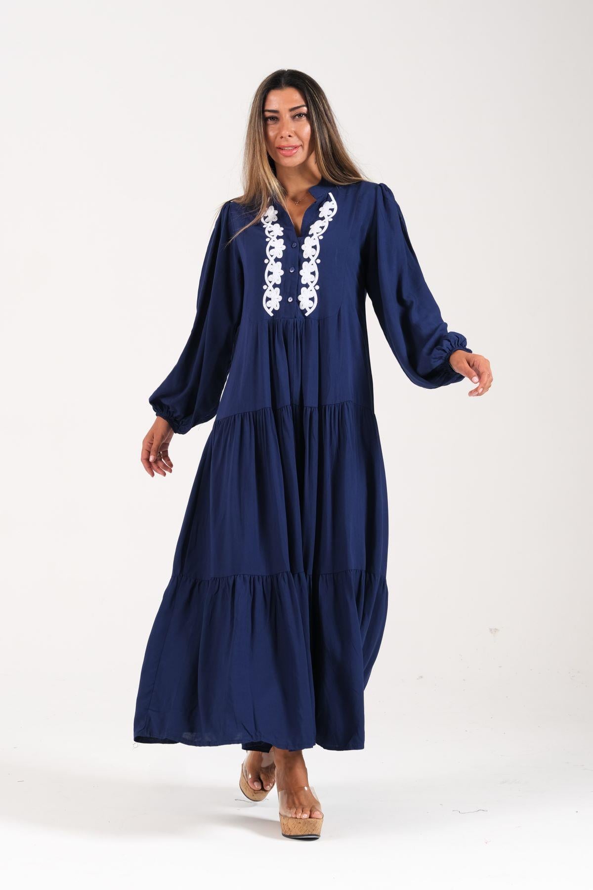Navy Blue Front Embroidered Balloon Sleeve Skirt Layered Long Dress