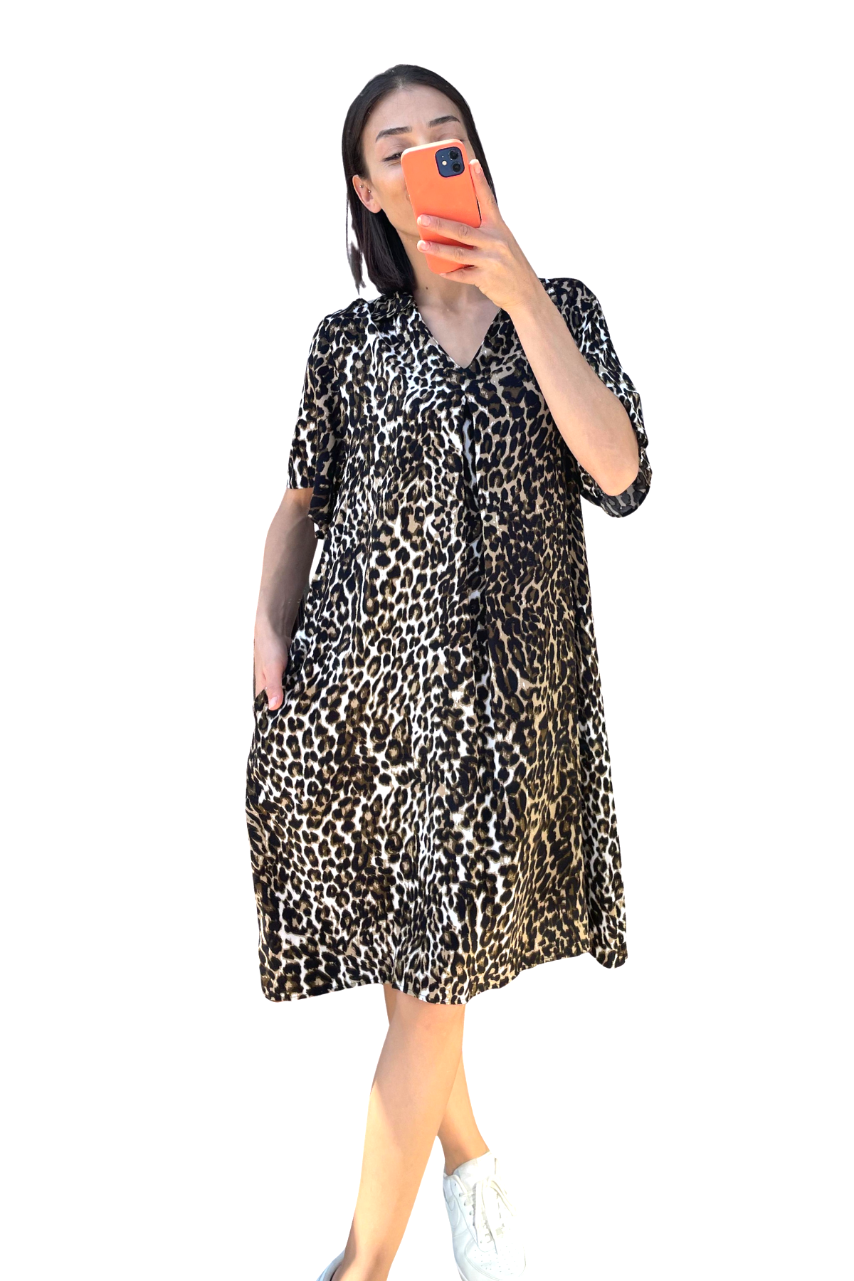 Leopar Desenli Gömlek Yaka Cepli Kısa Elbise