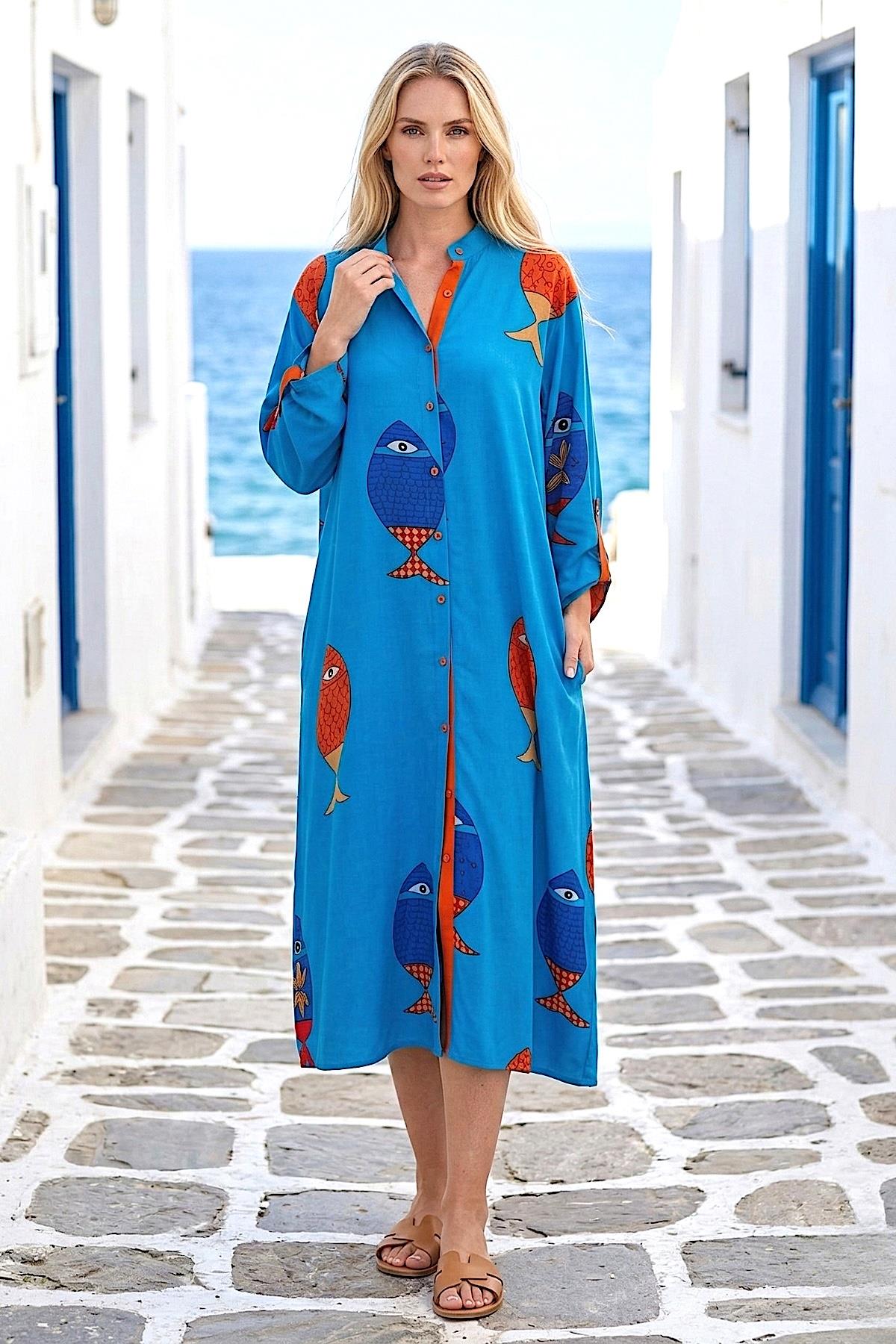 Mavi Balıklı Gömlek Elbise