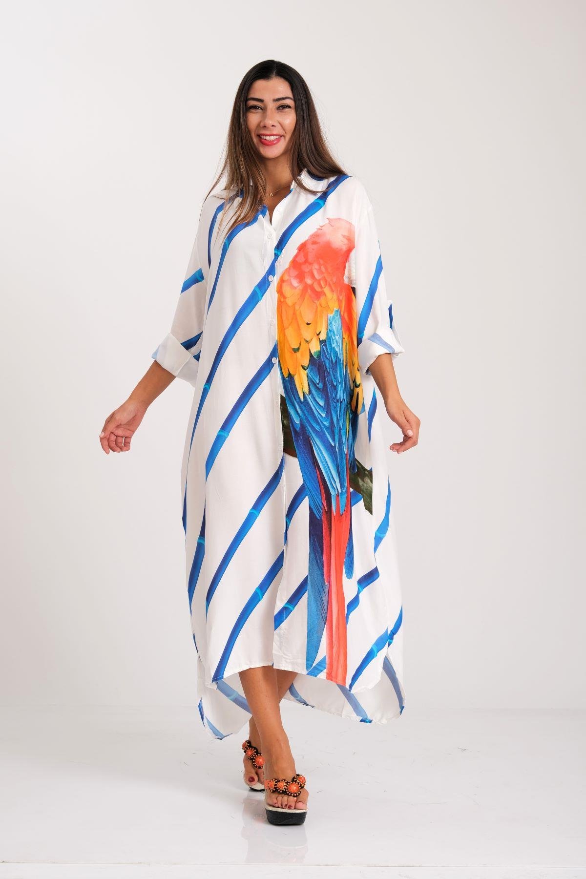 فستان طويل مخطط بنقشة ببغاء أزرق مع أكمام وجيوب بأكمام وجيوب