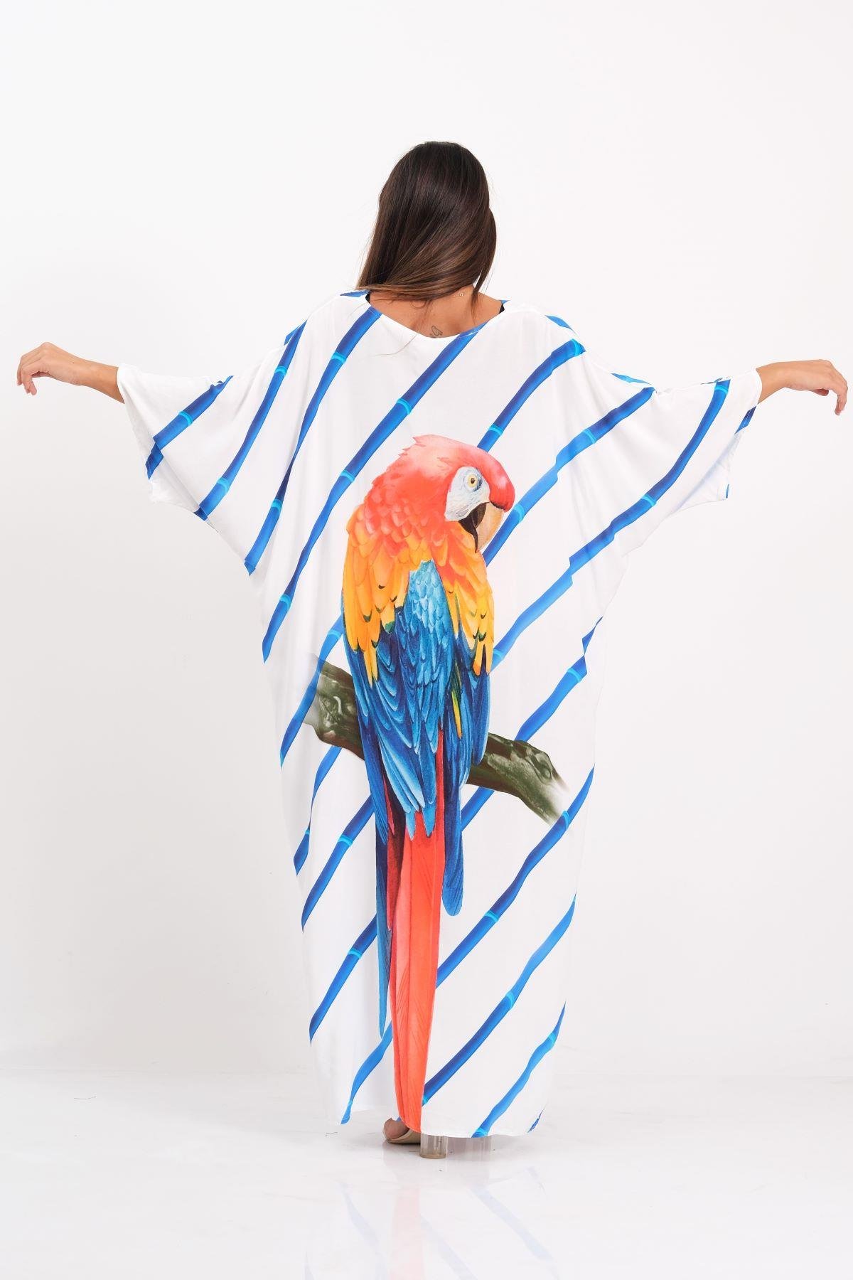 فستان أزرق مخطط على شكل حرف V برقبة على شكل ببغاء بأكمام خفاش طويلة مخططة على شكل حرف V