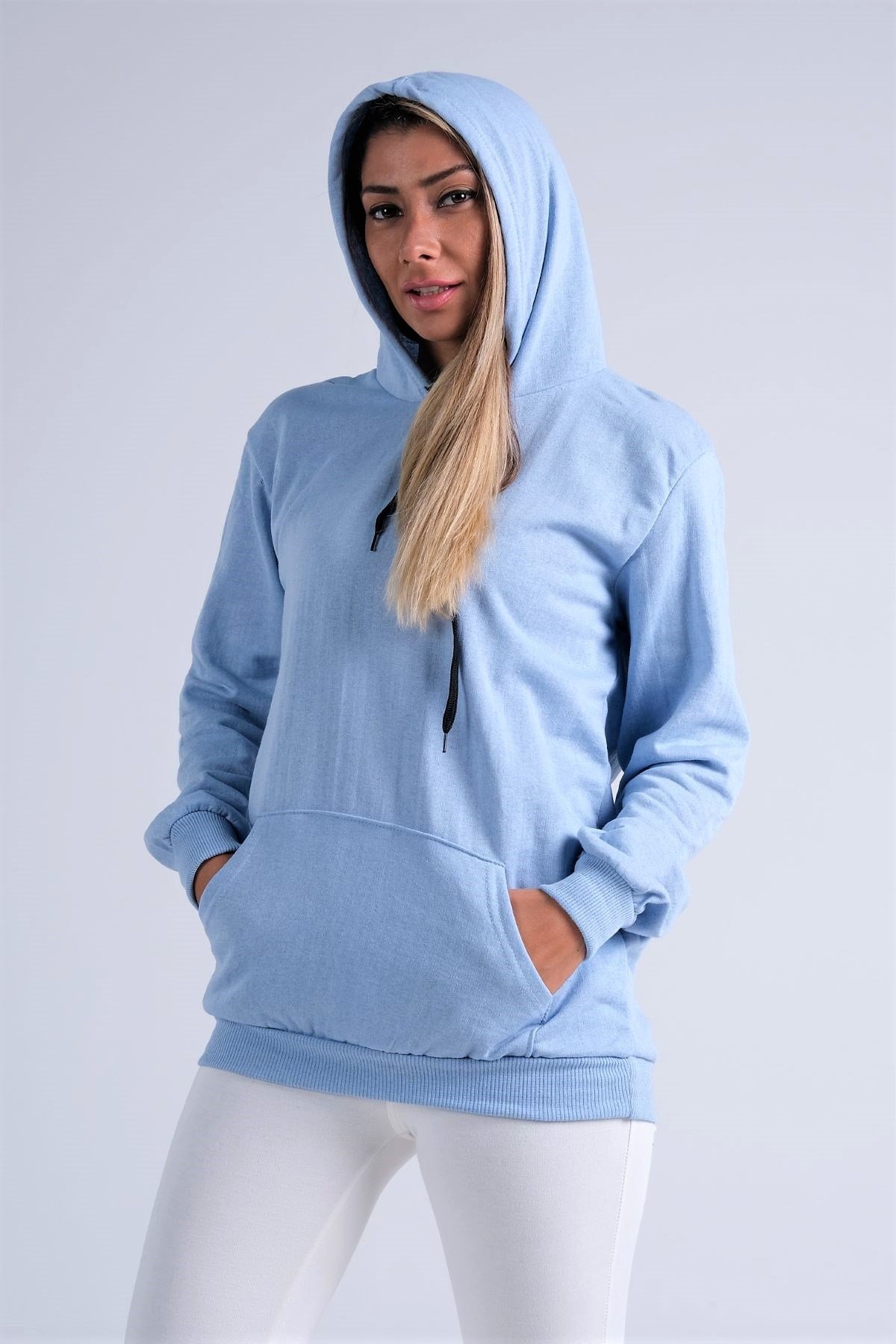 Mavi Kapüşonlu Kanguru Cepli Şardonlu Sweatshirt