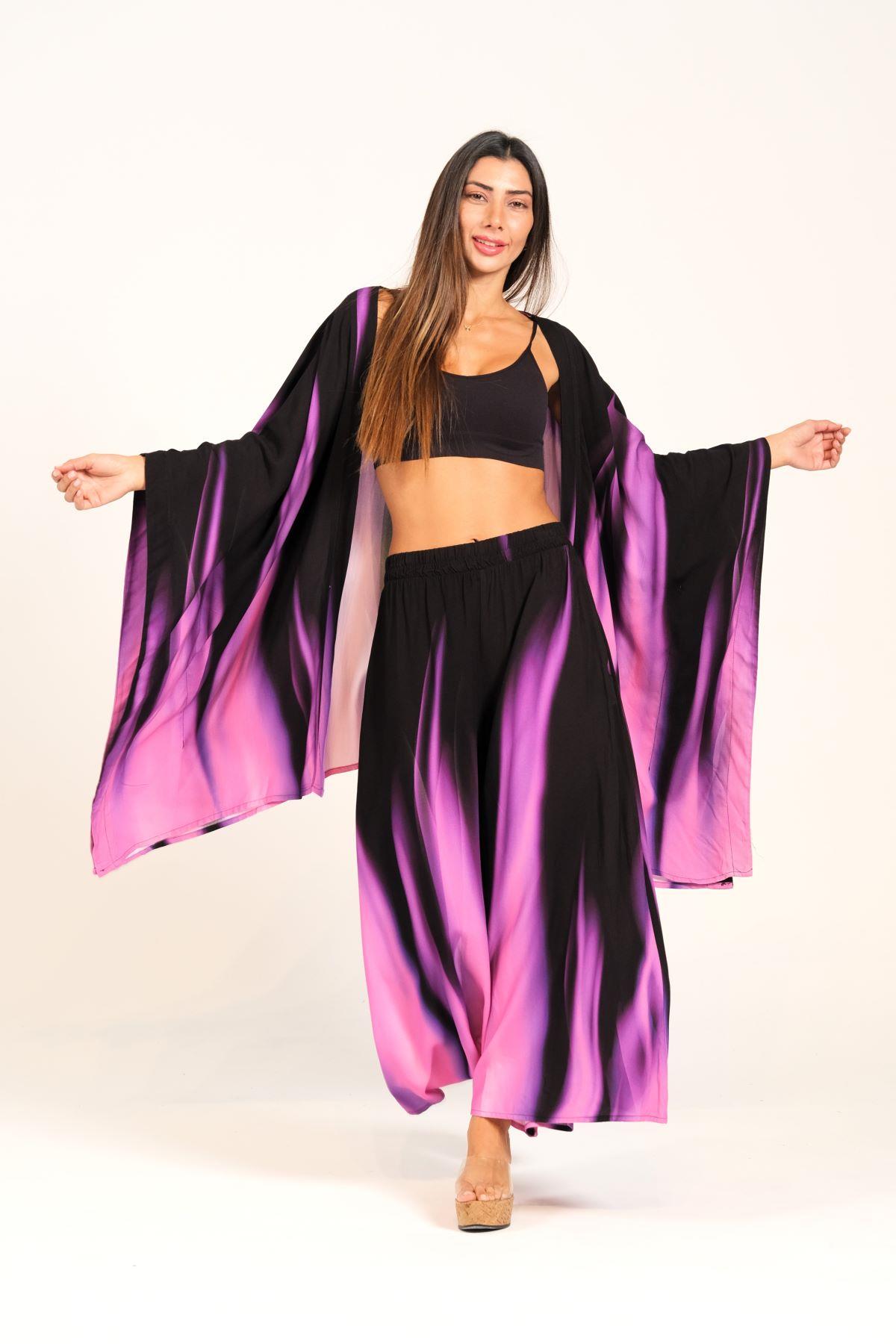 Mor Alev Desenli Tunik Pantolon İkili Takım