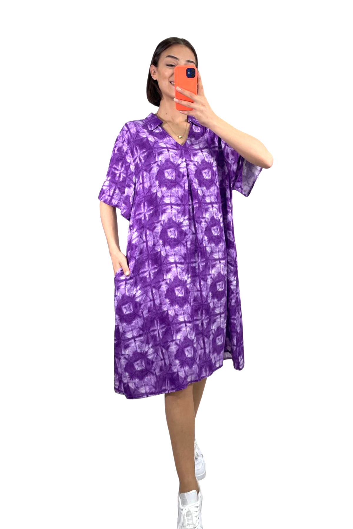 Mor Desenli Gömlek Yaka Cepli Kısa Elbise