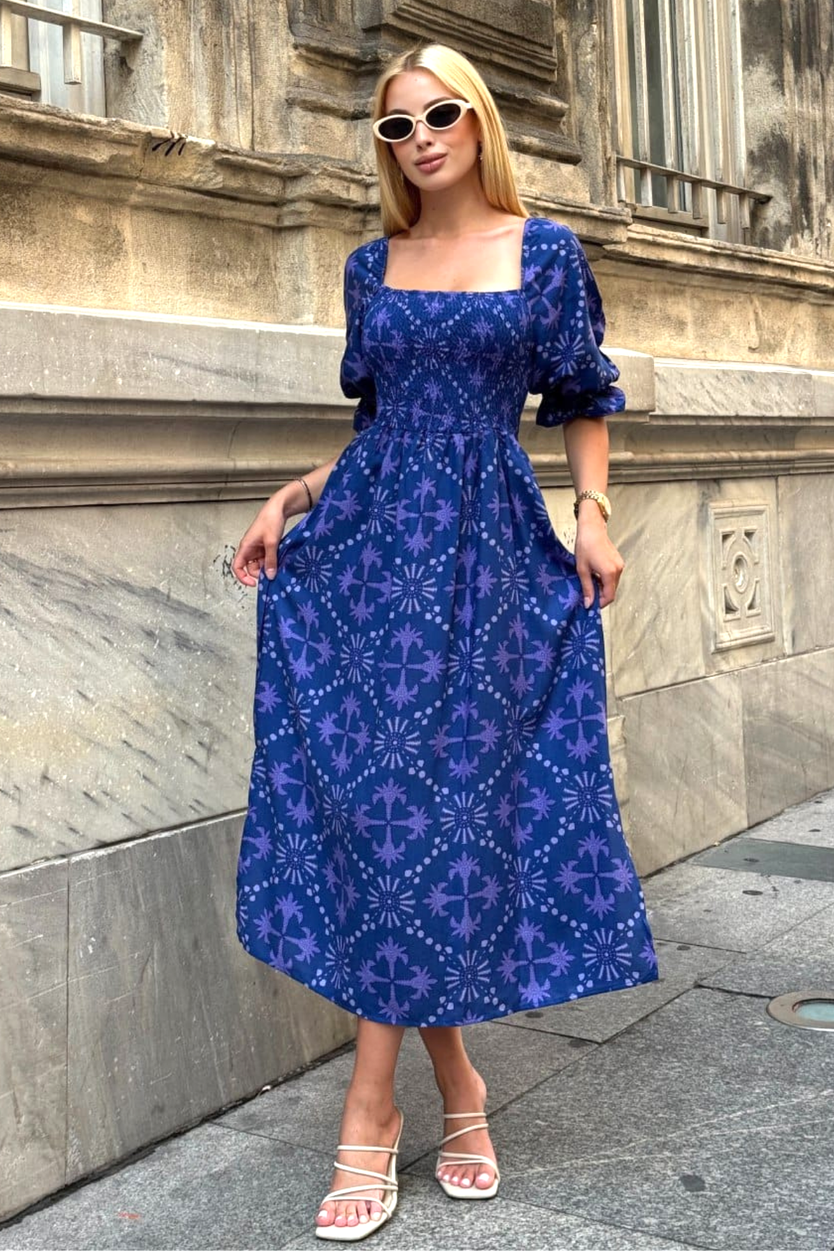 Mor Desenli Karpuz Kol Gipeli Uzun Elbise