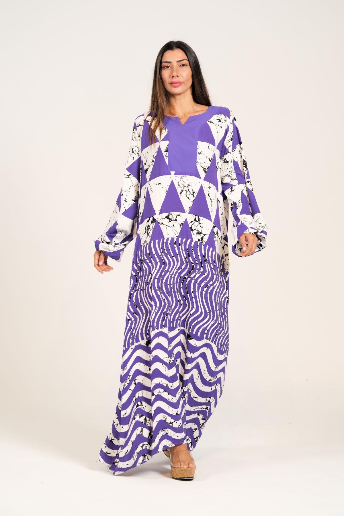 Mor Kayık Yaka Balon Kollu Desenli Uzun Elbise