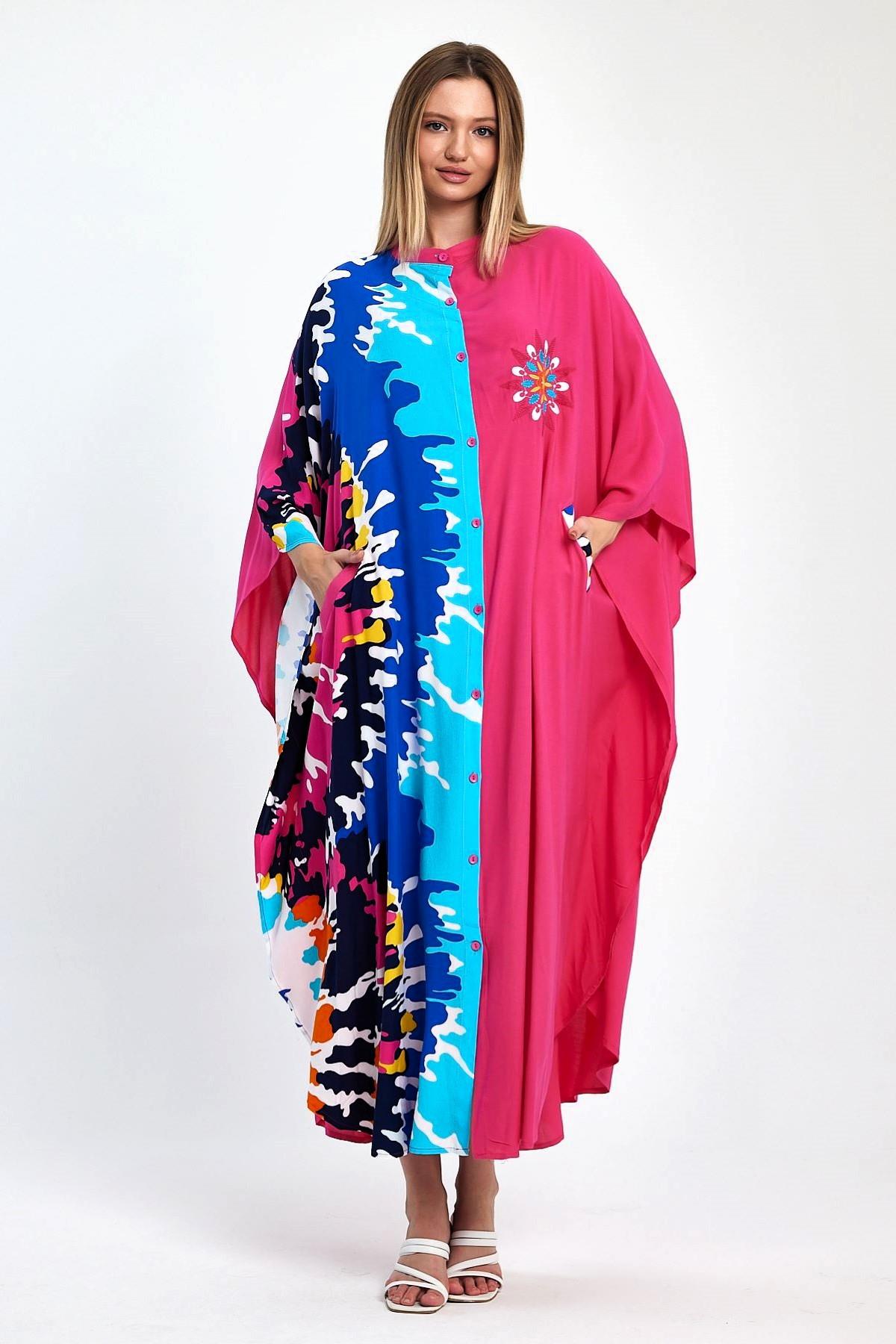 Pembe Desen Garnili Göğsü Nakışlı Cepli Oversize Uzun Elbise