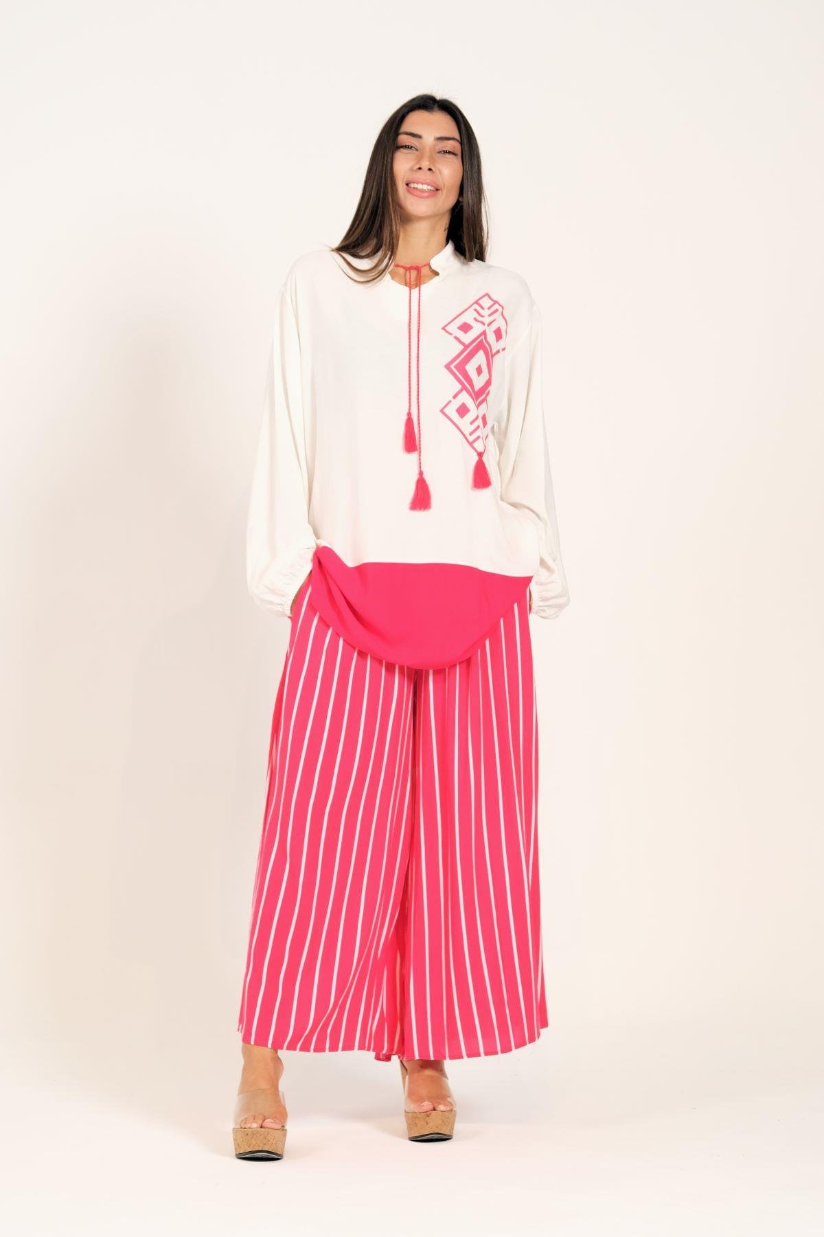 Pembe Desenli Püsküllü Pantolonu Çizgili Cepli Tunik Pantolon İkili Takım