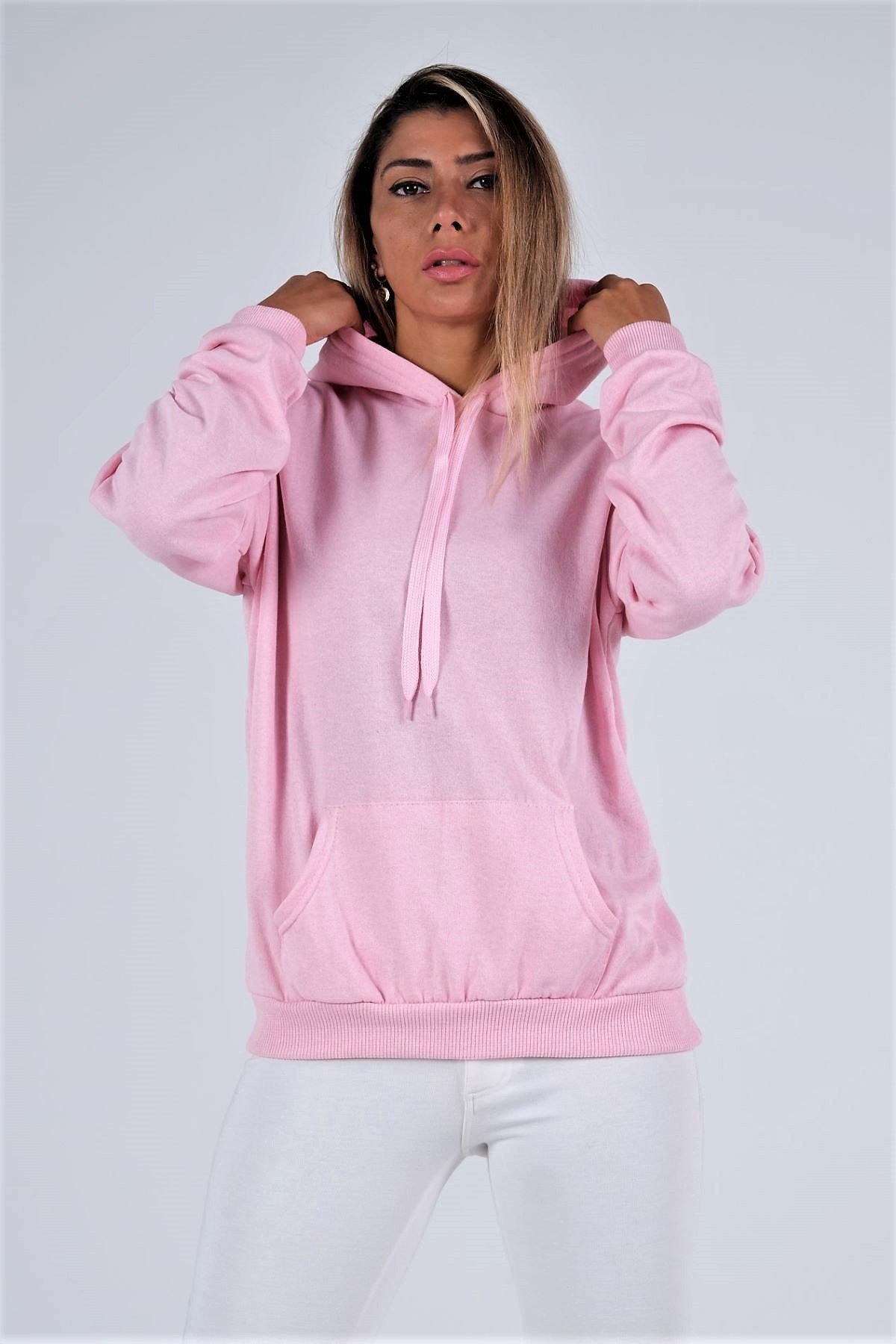 Pembe Kapüşonlu Kanguru Cepli Şardonlu Sweatshirt