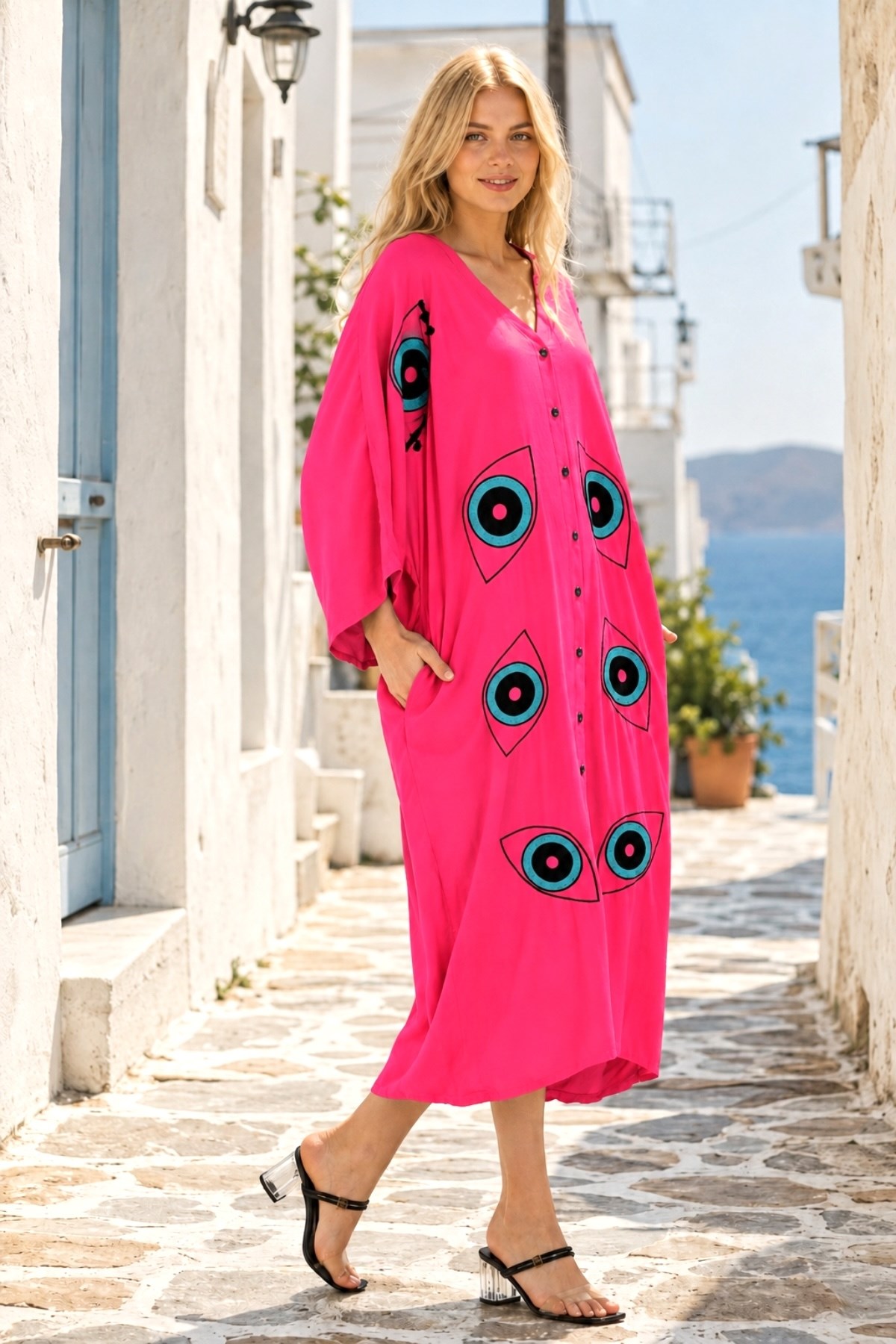 Pembe V Yaka Göz Nakışlı Cepli Oversize Uzun Gömlek Elbise