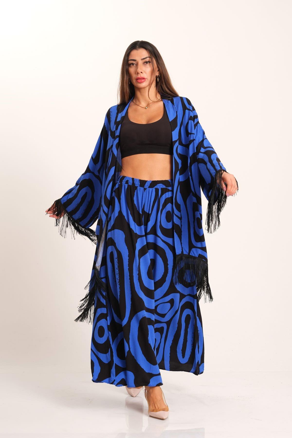 Saks Mavi Desenli Gömleği Püsküllü Gömlek Pantolon Takım