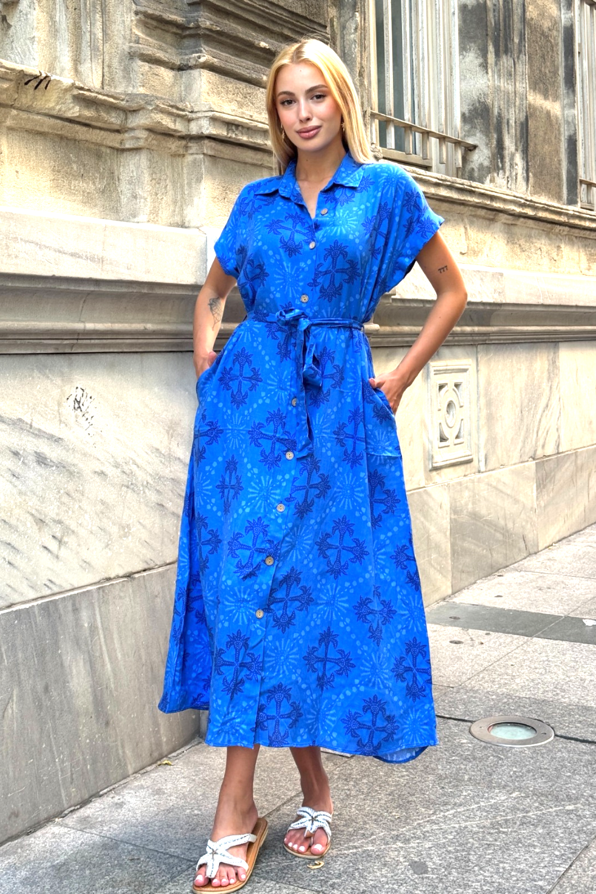 Saks Mavi Gömlek Yaka Kemerli Cepli Uzun Gömlek Elbise