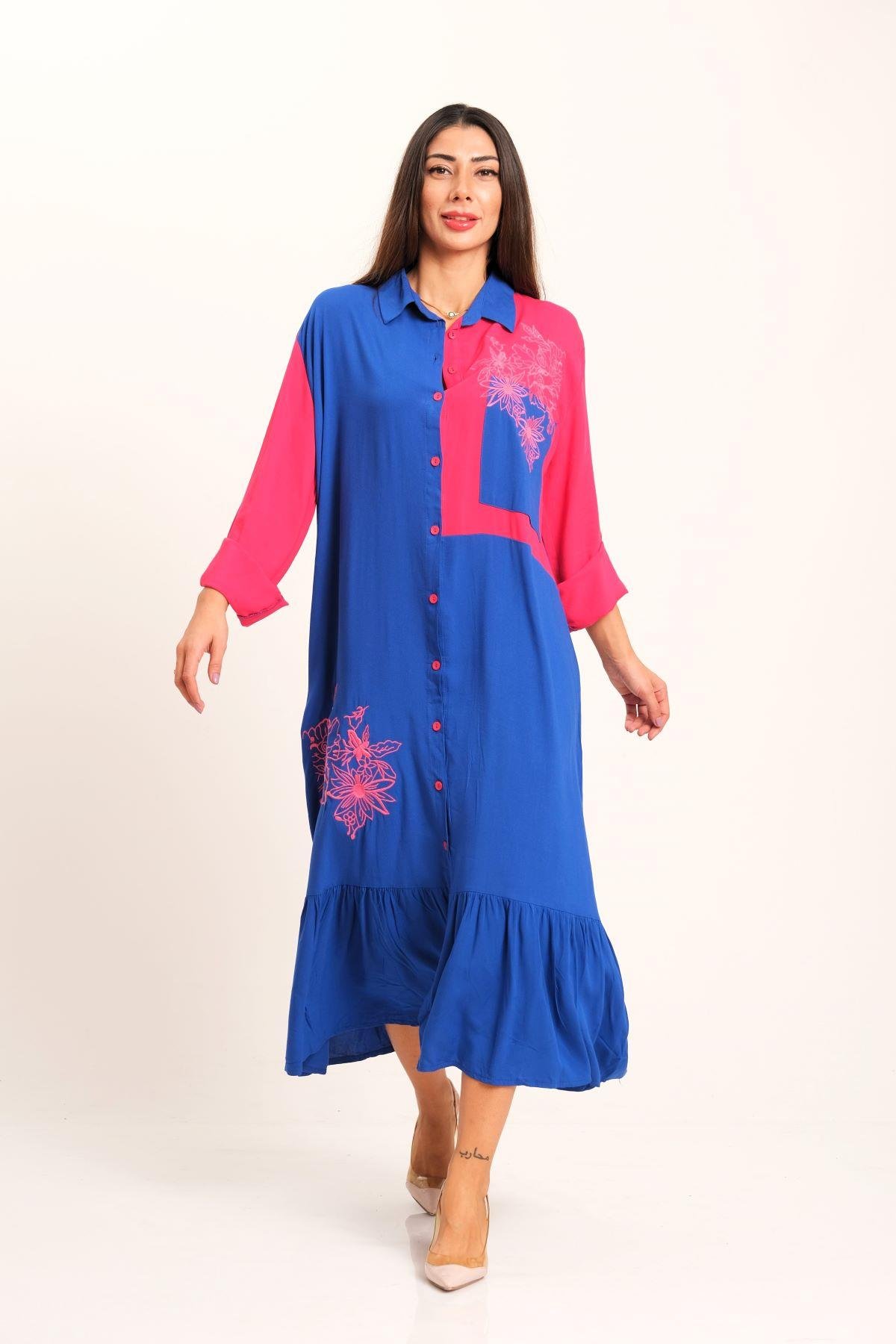 فستان طويل بقميص طويل مزركش ومزخرف باللون الوردي من ساكس أزرق مزين بتطريز من الأمام وتنورة وأكمام مزخرفة وأكمام كتاف