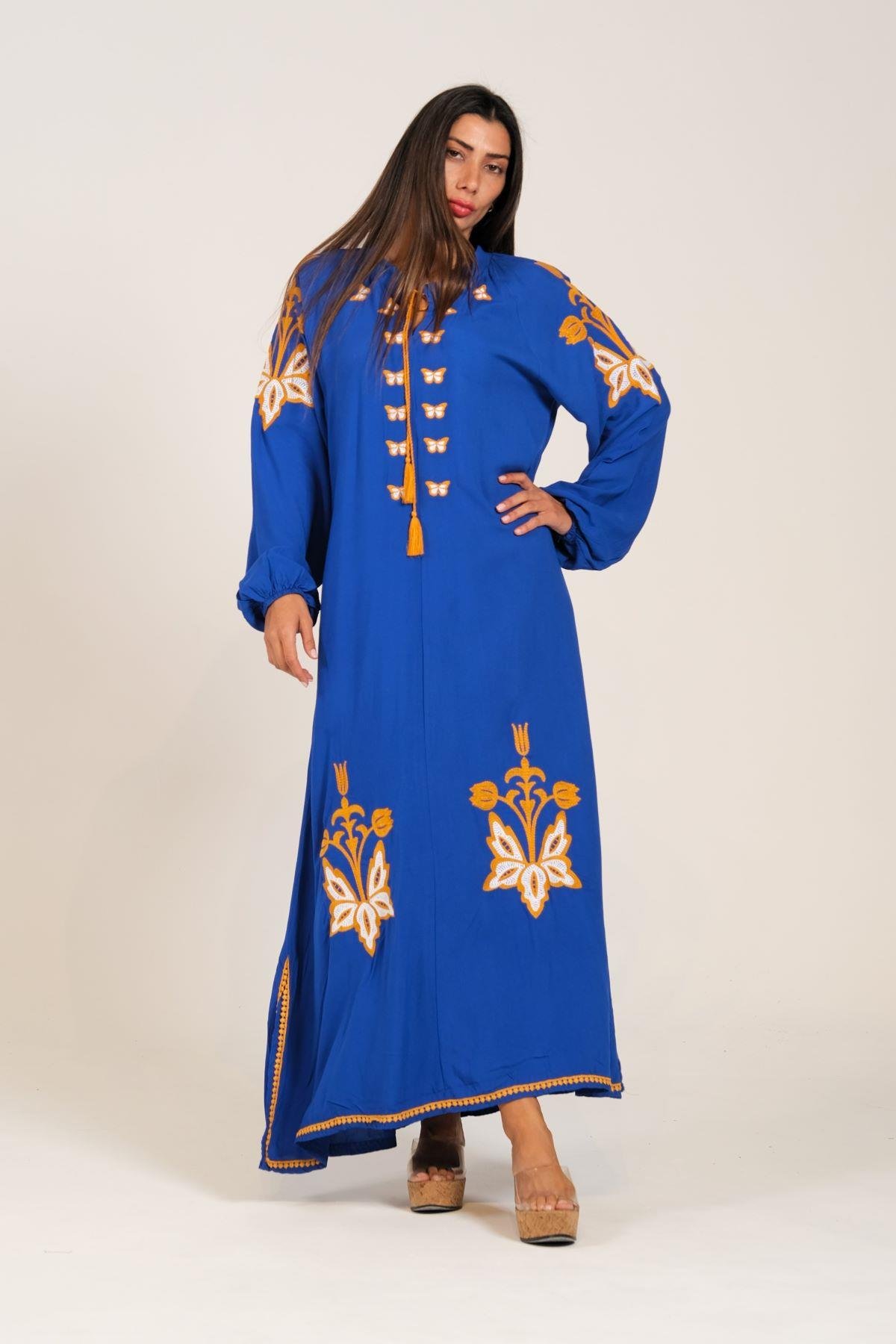 ساكس أزرق أزرق بأكمام صفر ياقة صفرية بأكمام بالون فستان طويل مطرز بالون أصلي