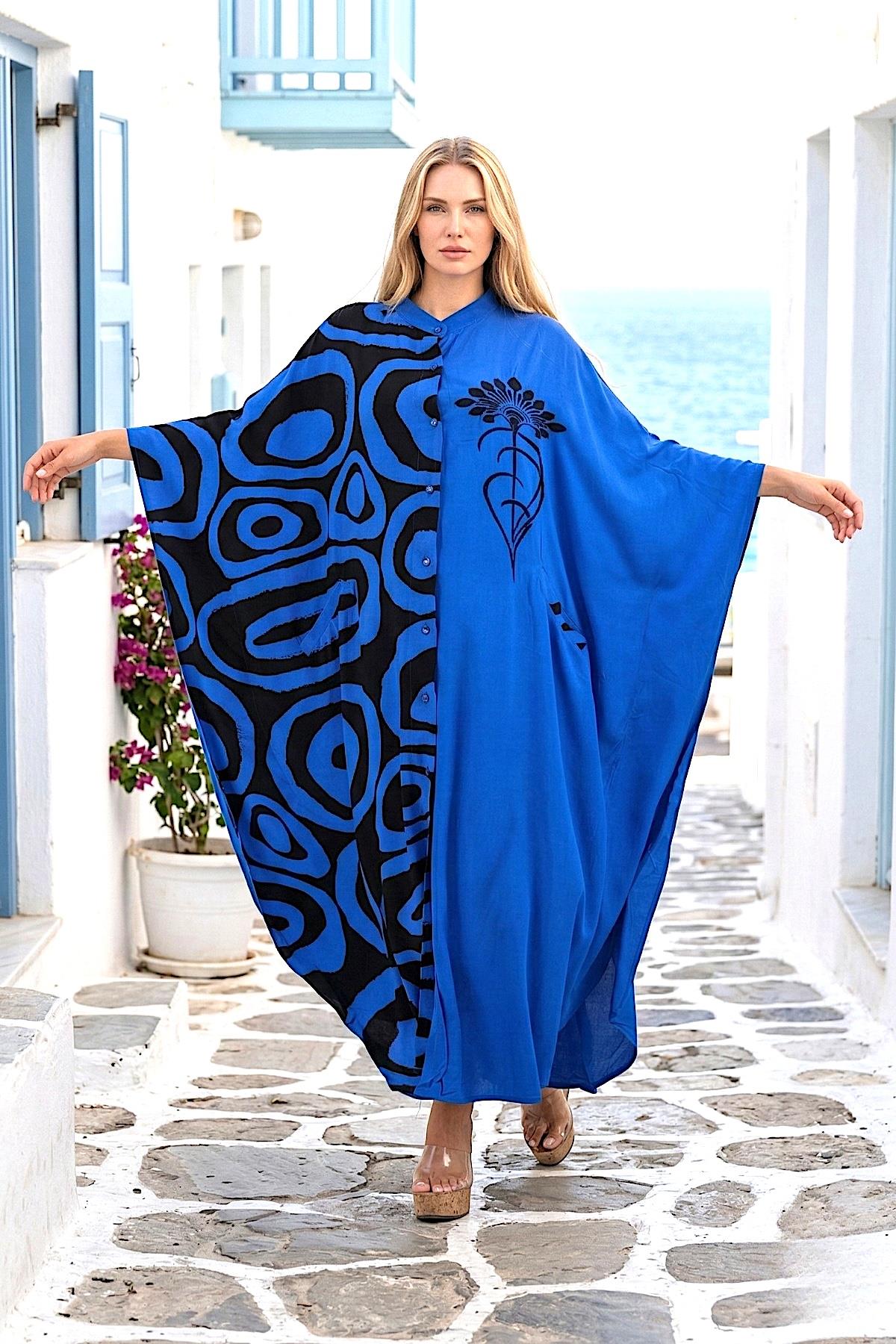 Saks Mavi Sıfır Yaka Desen Garnili Nakışlı Cepli Oversize Uzun Elbise