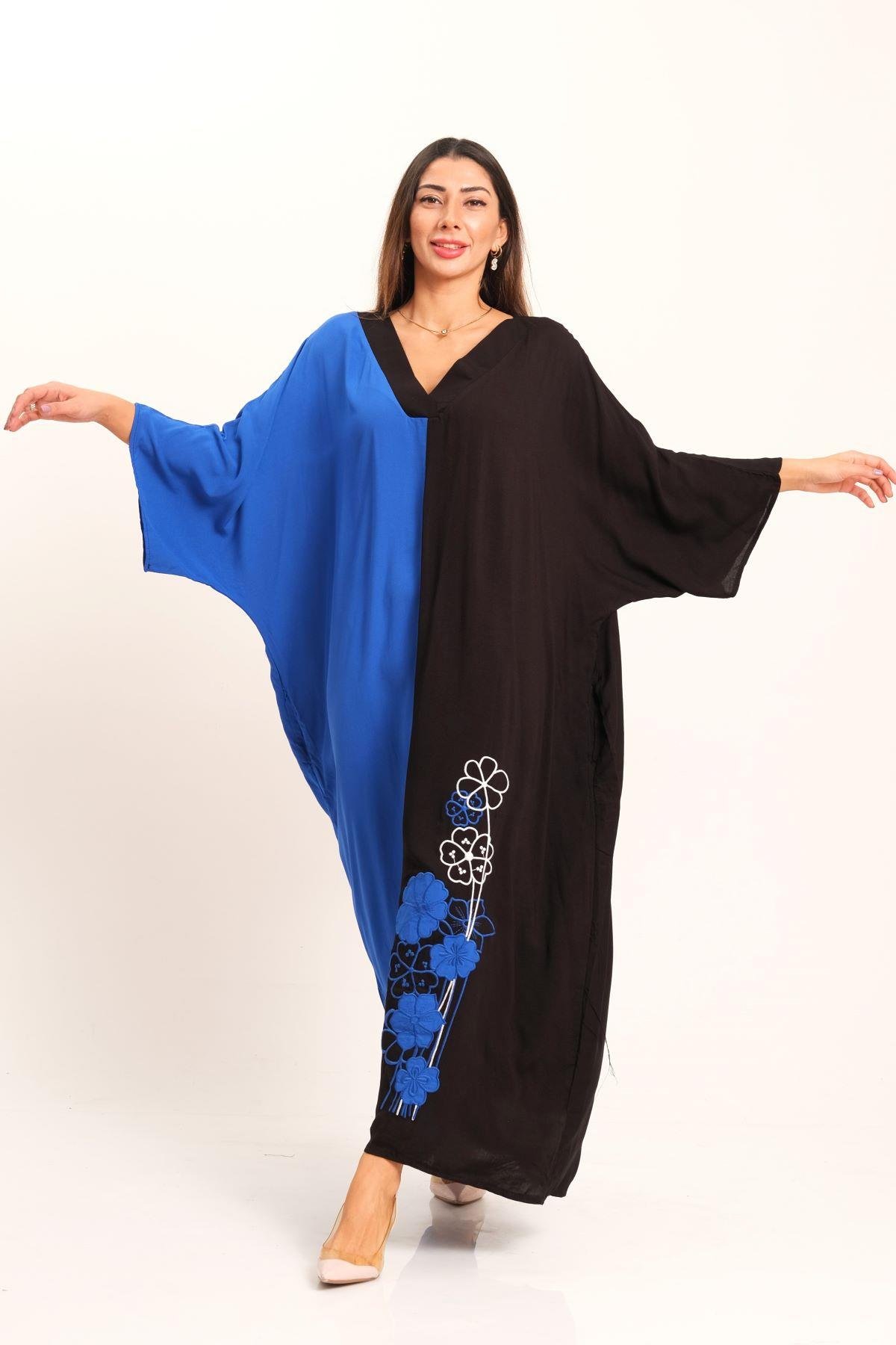 ساكس أزرق أسود فستان طويل مزخرف على شكل حرف V بياقة على شكل حرف V مزين بجيوب مطرزة