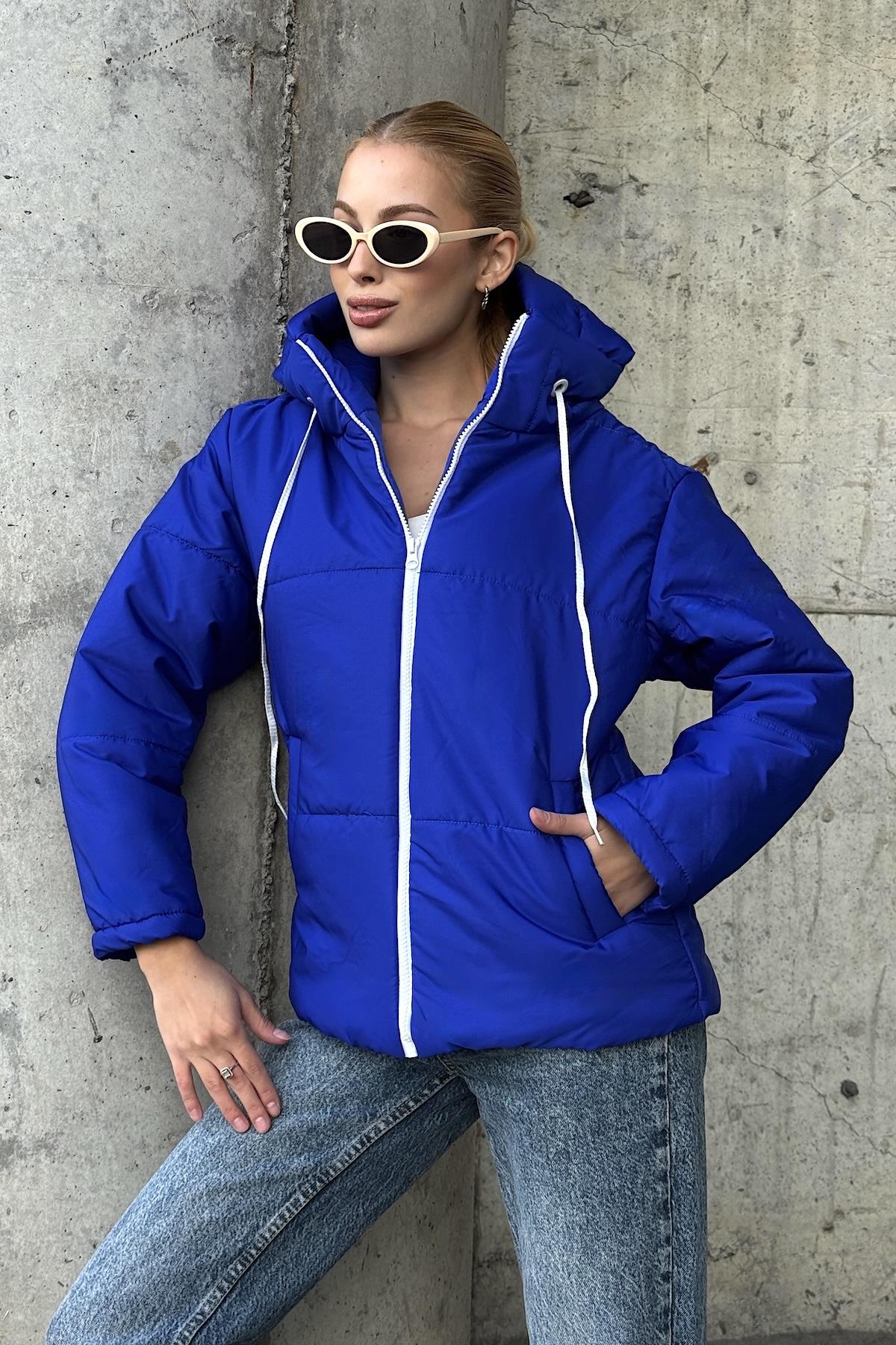 ساكس معطف قابل للنفخ بغطاء رأس أزرق مقاوم للماء بغطاء رأس أزرق