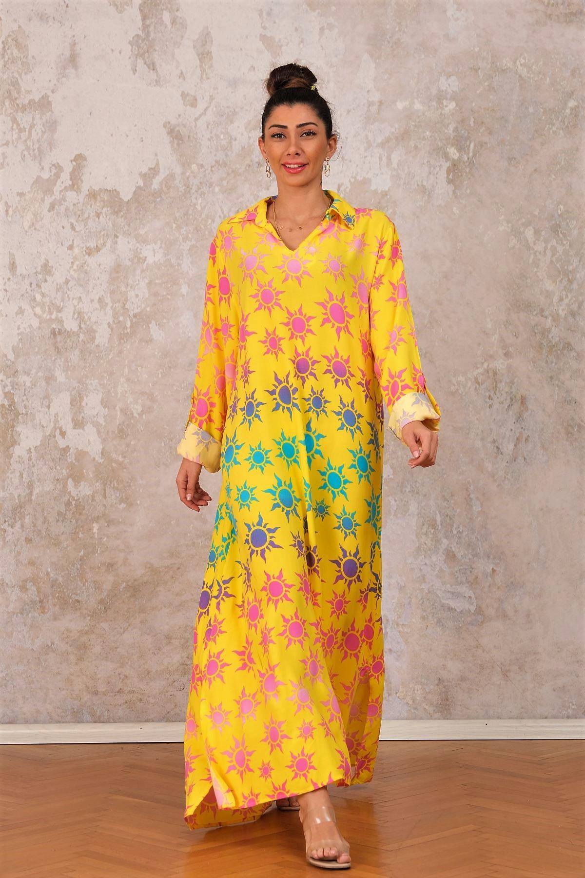 فستان طويل بأكمام ياقة قميص بأزرار أمامية بأزرار أمامية 