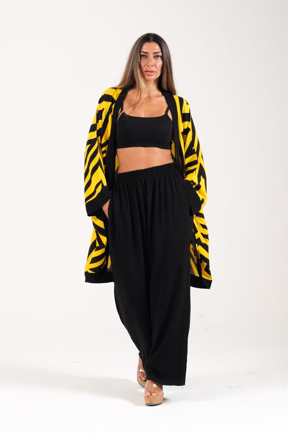 Sarı Siyah Desenli Cepli Gömlek Pantolon İkili Takım