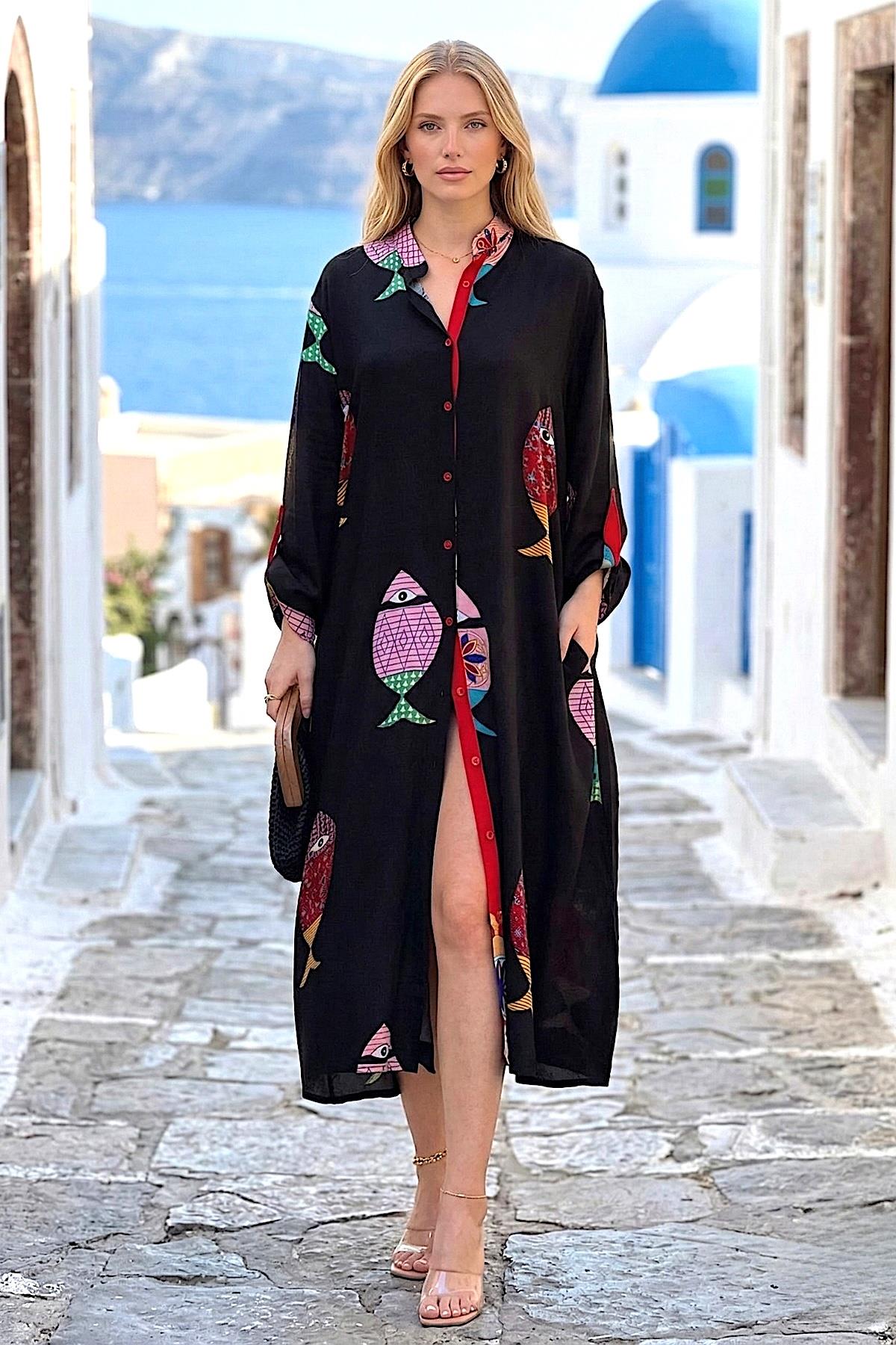 Siyah Balıklı Gömlek Elbise