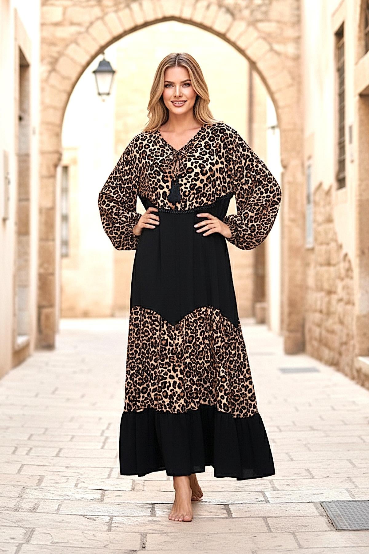 Siyah Balon Kol Leopar Desen Garnili Oversize Uzun Elbise
