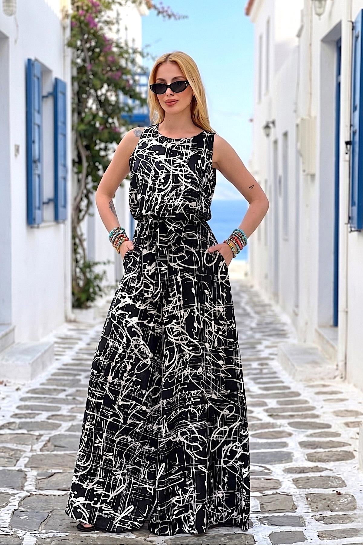 Siyah Beyaz Desenli Tulum