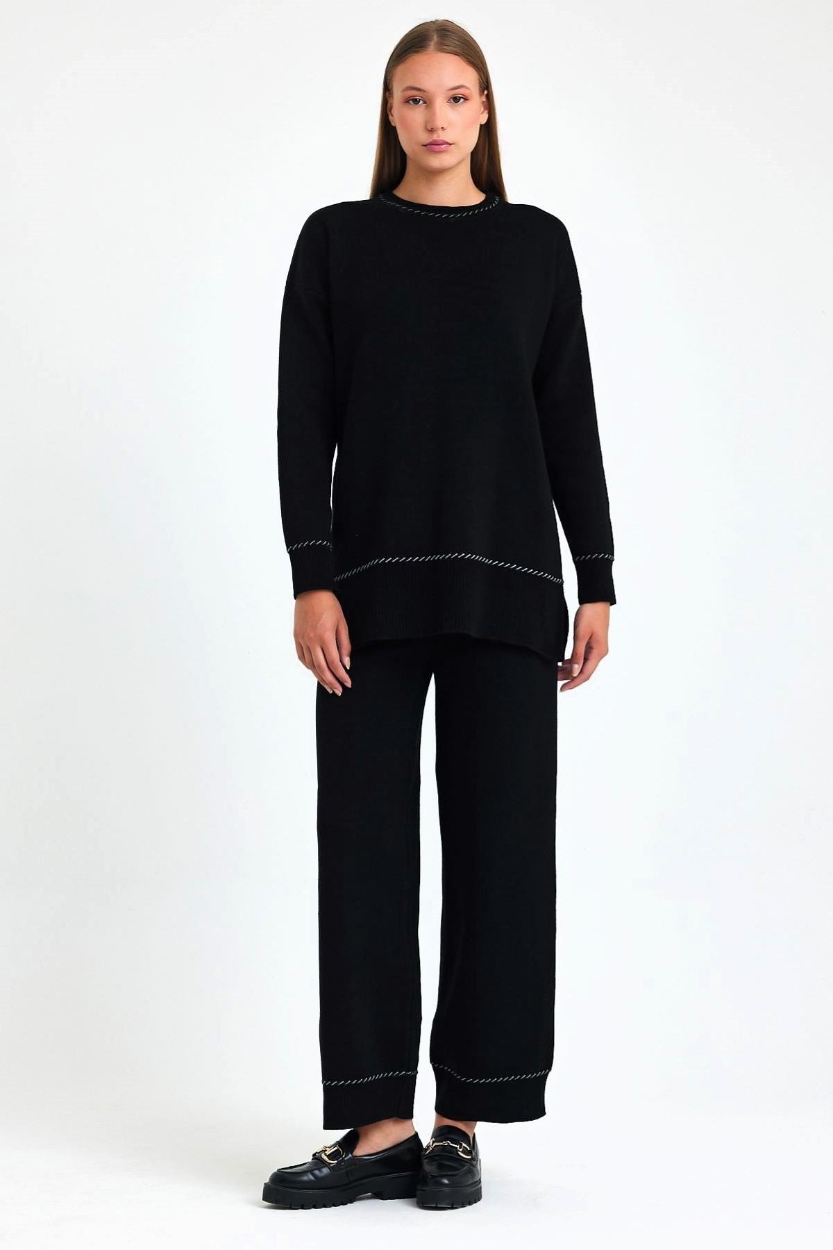 Siyah Bisiklet Yaka Tunik Pantolon Triko Alt Üst Takım