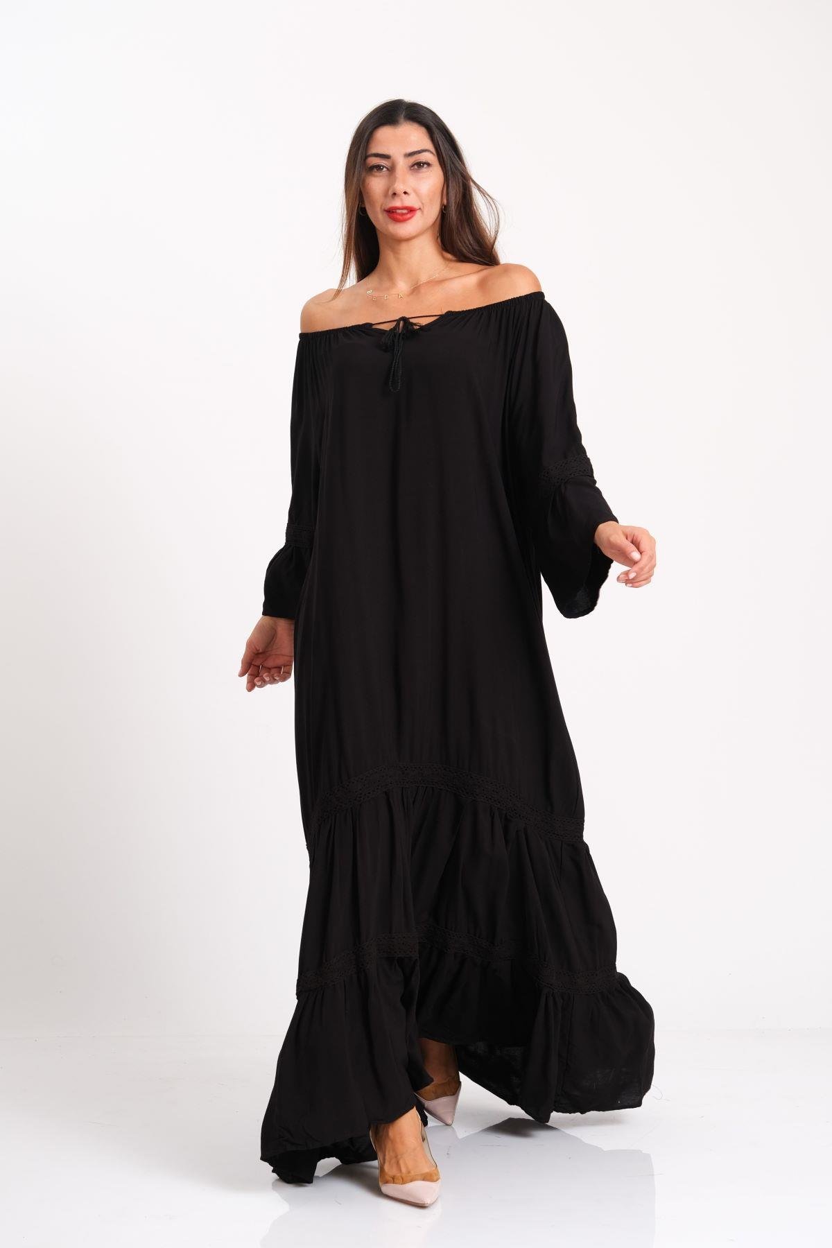 أسود فستان طويل بياقة كارمن كارمن بأكمام مكشكشة بأكمام مكشكشة مع تنانير صدفية