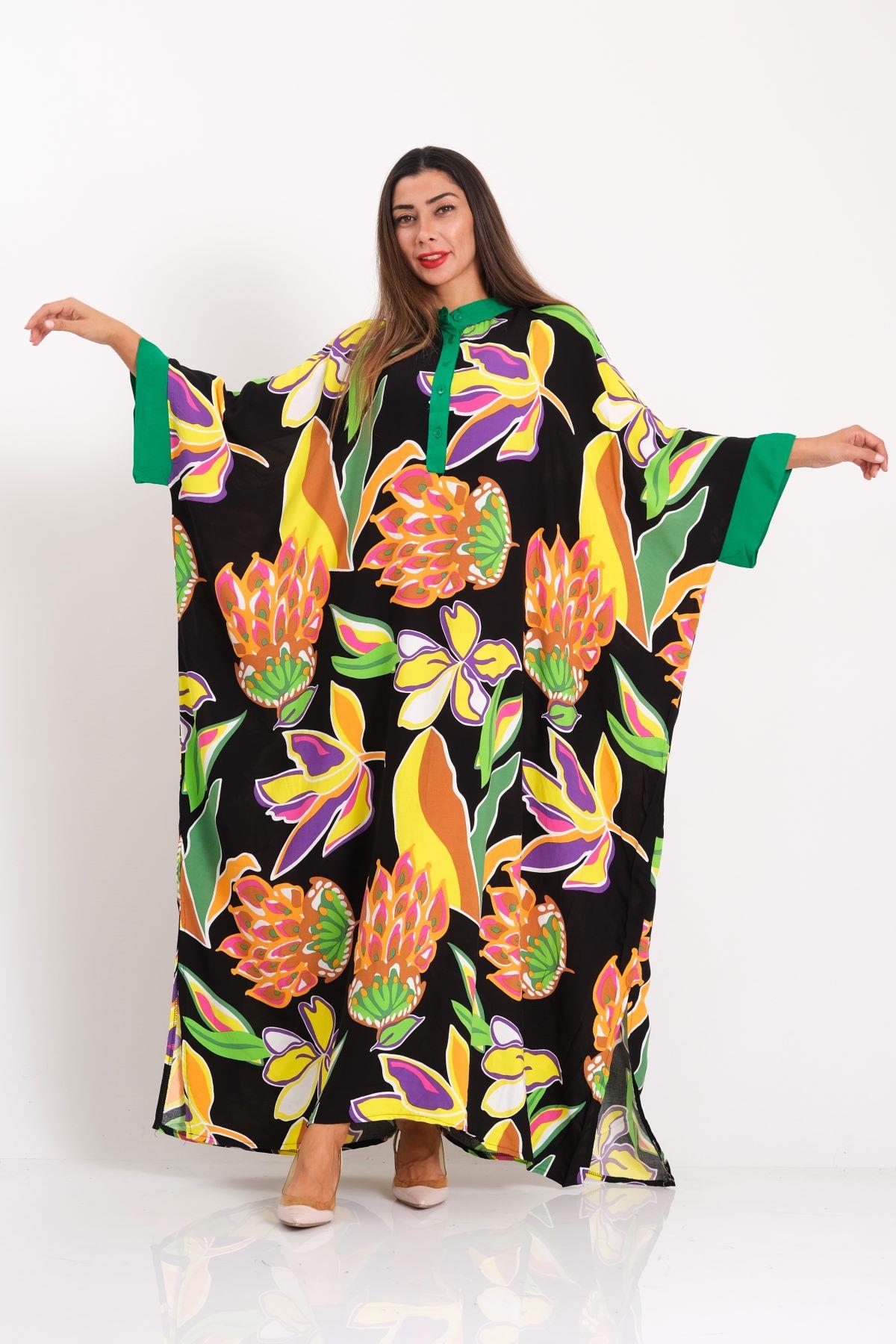 فستان أسود طويل بأكمام زهرية بياقة زهرية صفرية بياقة زهرية بياقة زهرية بفتحة كم خفاش